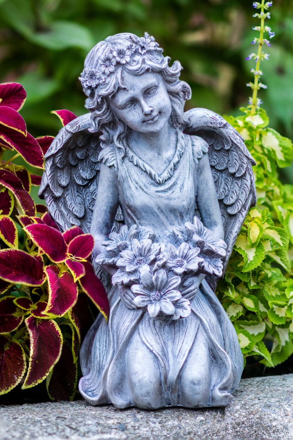 Gray Kneeling Angel Statue with Floral Crown and Bouquet