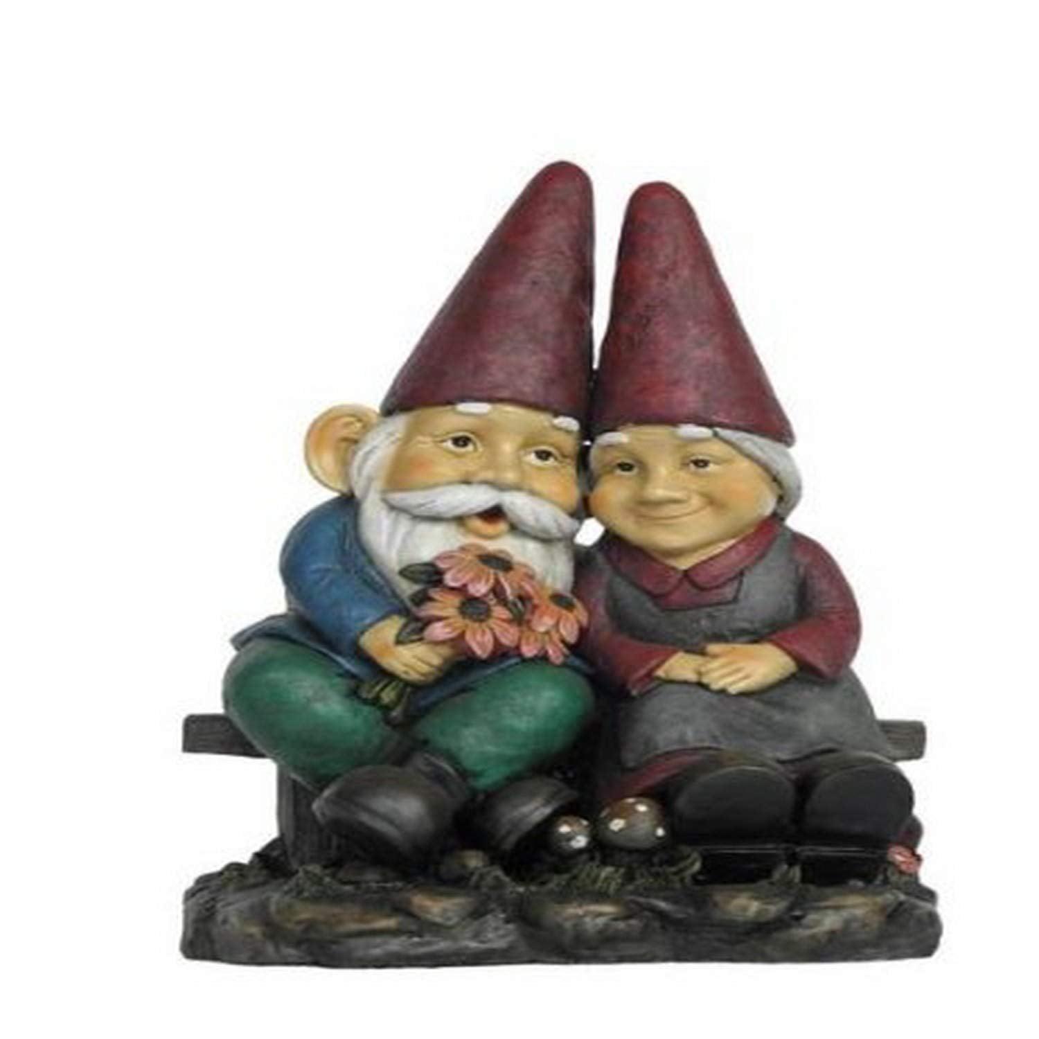 Whimsical Polyresin Gnome Couple on Bench Statue