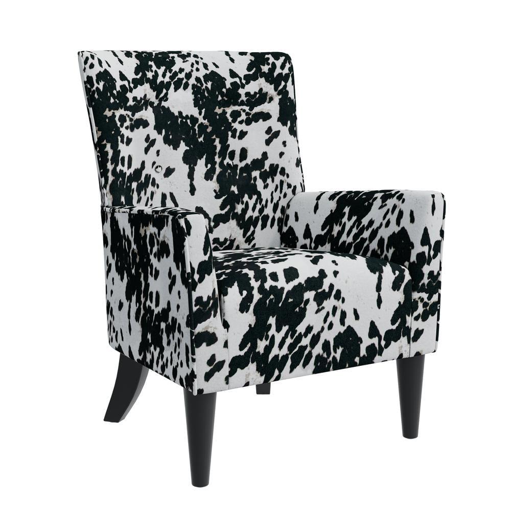 Velvet Black Cow Print Wingback Accent Chair with Flared Arms