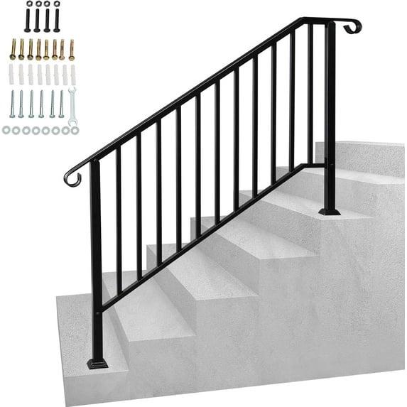 HLL Handrails for Outdoor Steps, Black Wrought Iron Handrail Fits 4 or 5 Steps, Transitional Handrail with Installation Kit, Stair Railing for Concrete Steps or Wooden Stairs
