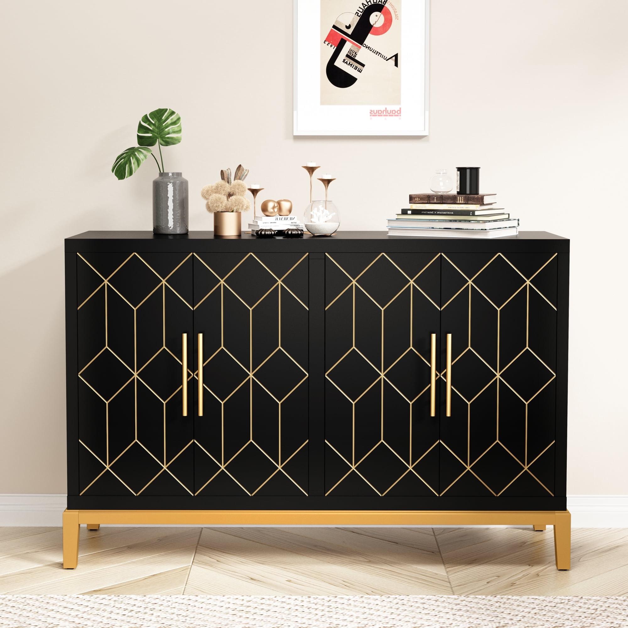 HLR Black Accent Cabinet with Gold Trim, Storage Cabinet with 4 Doors, Modern Wooden Sideboard