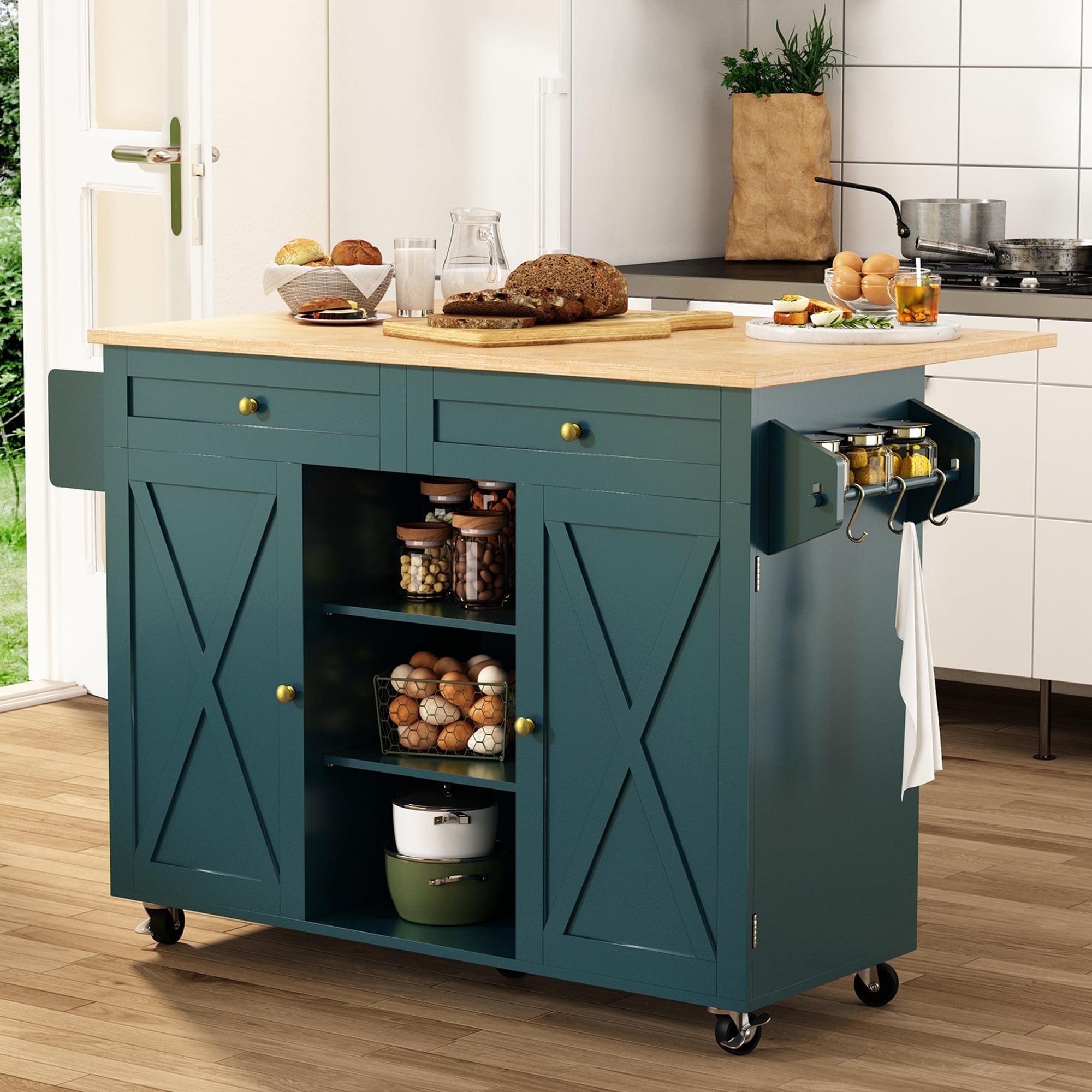 Green Rolling Kitchen Island with Drop Leaf and Storage