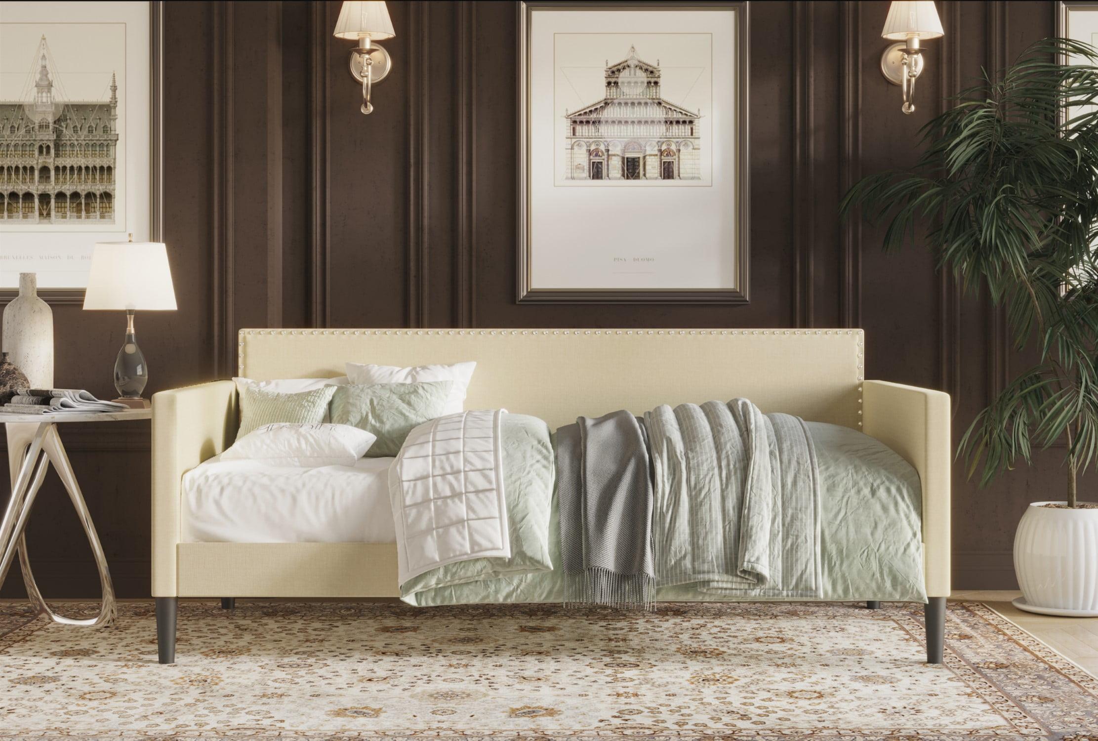 Beige Upholstered Twin Daybed with Nailhead Trim