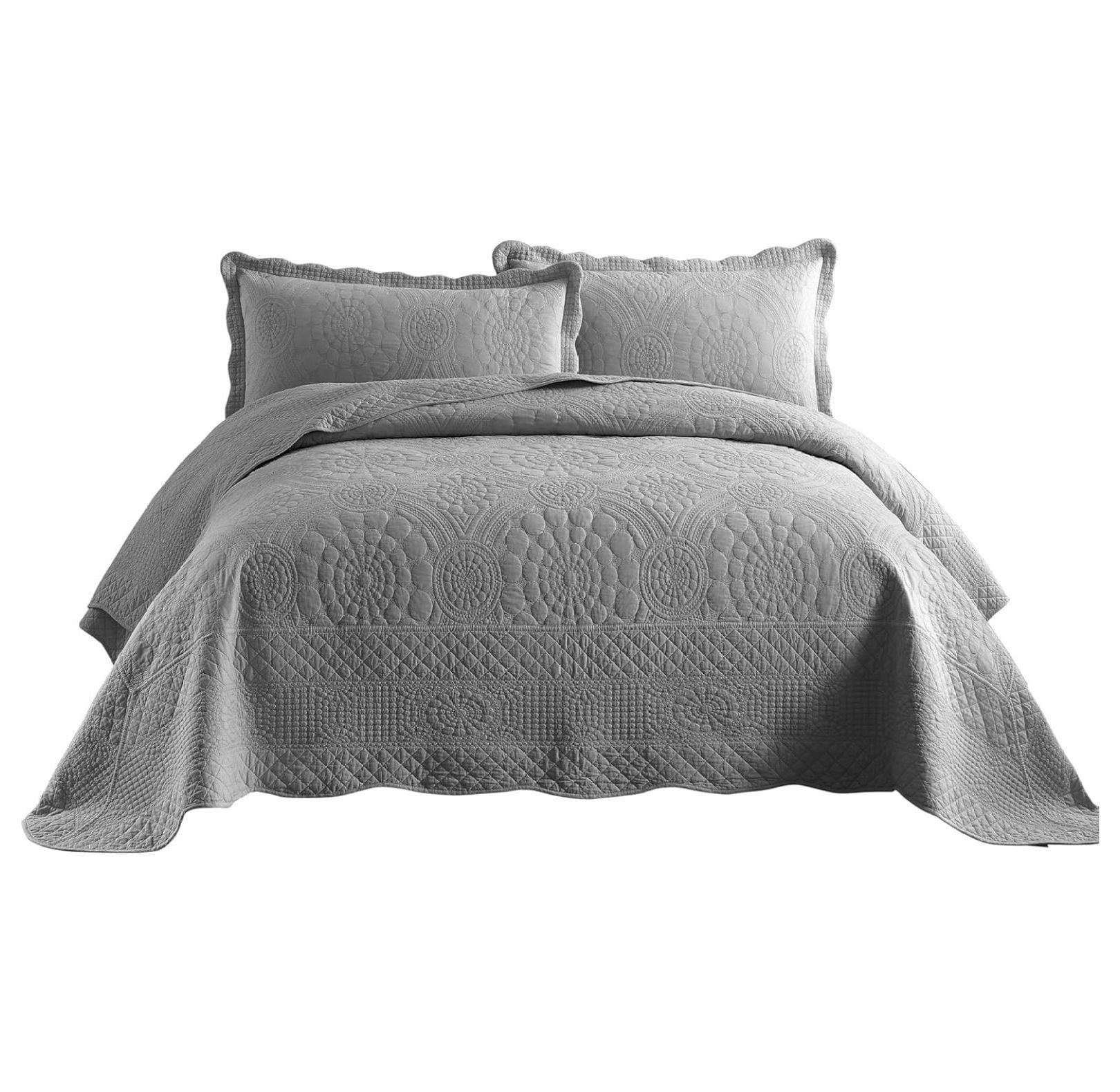 3-Piece 100% Cotton Oversized Bedspread Quilt Set Coverlet Set Farmhouse Bedding Set TF, Light Grey, Queen