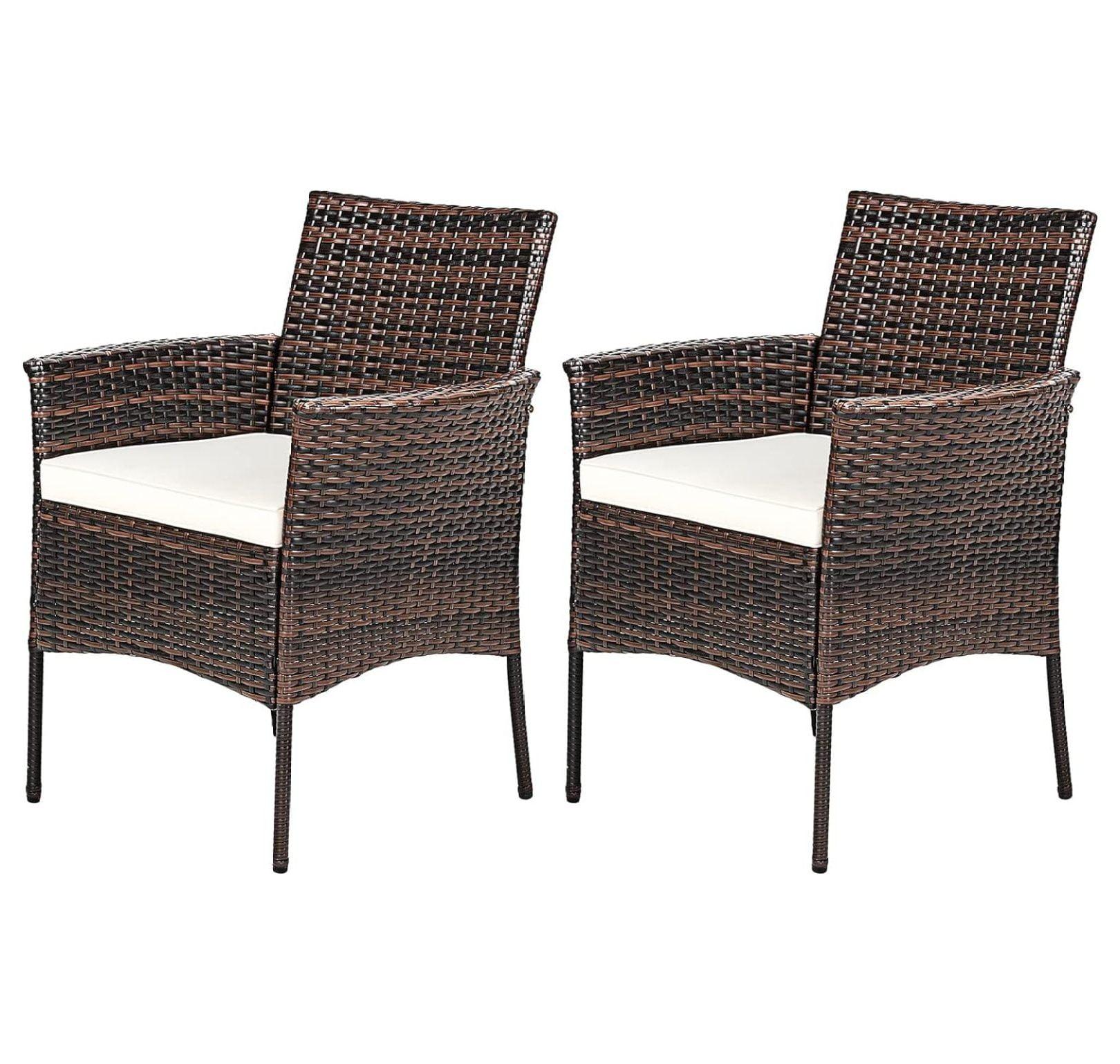 Tangkula Outdoor 2 PCS Rattan Dining Chair Patio Cushioned Arm Chair w/Zipper Brown