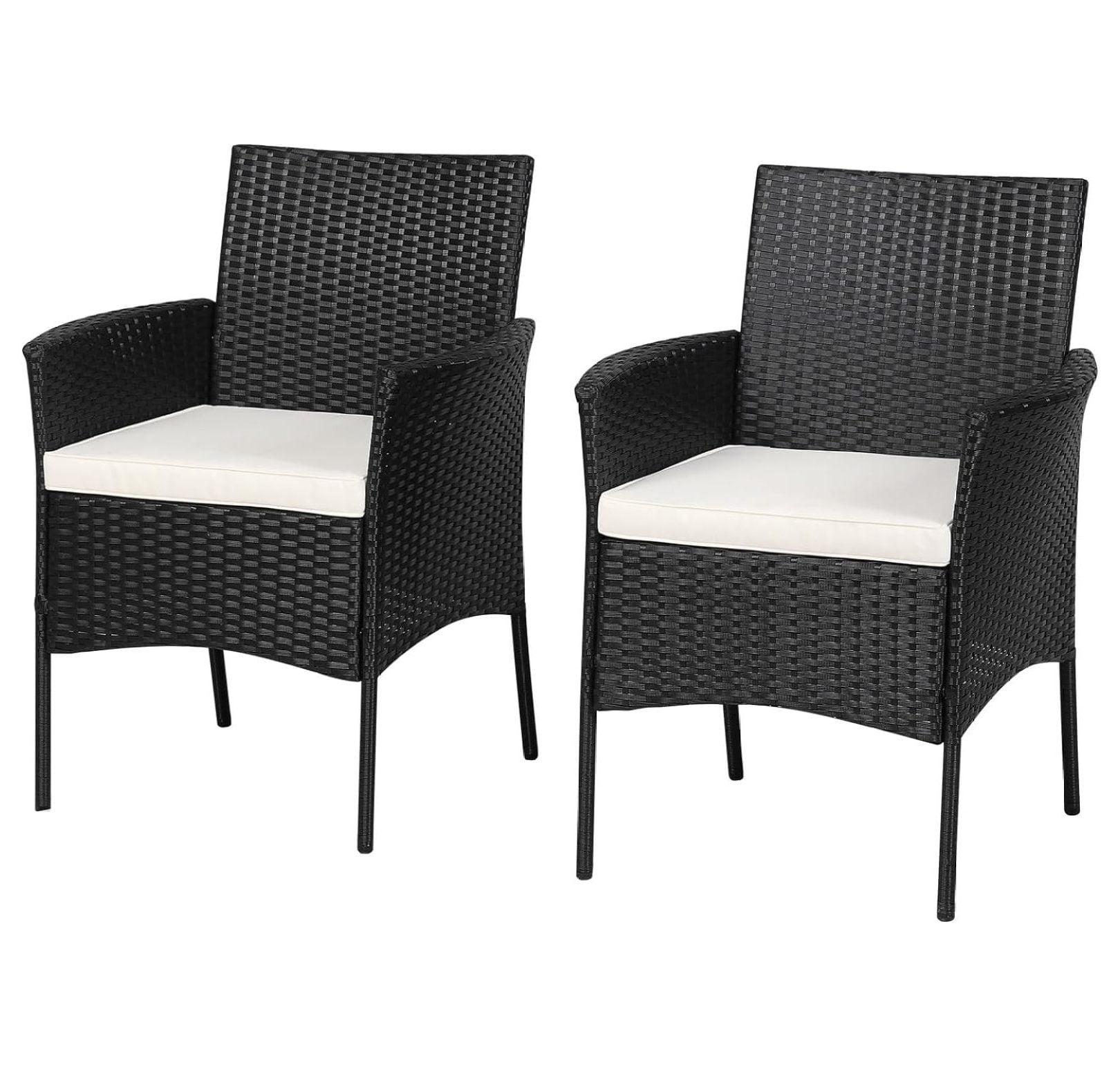 Black Wicker Outdoor Dining Chairs with Cushions, Set of 2