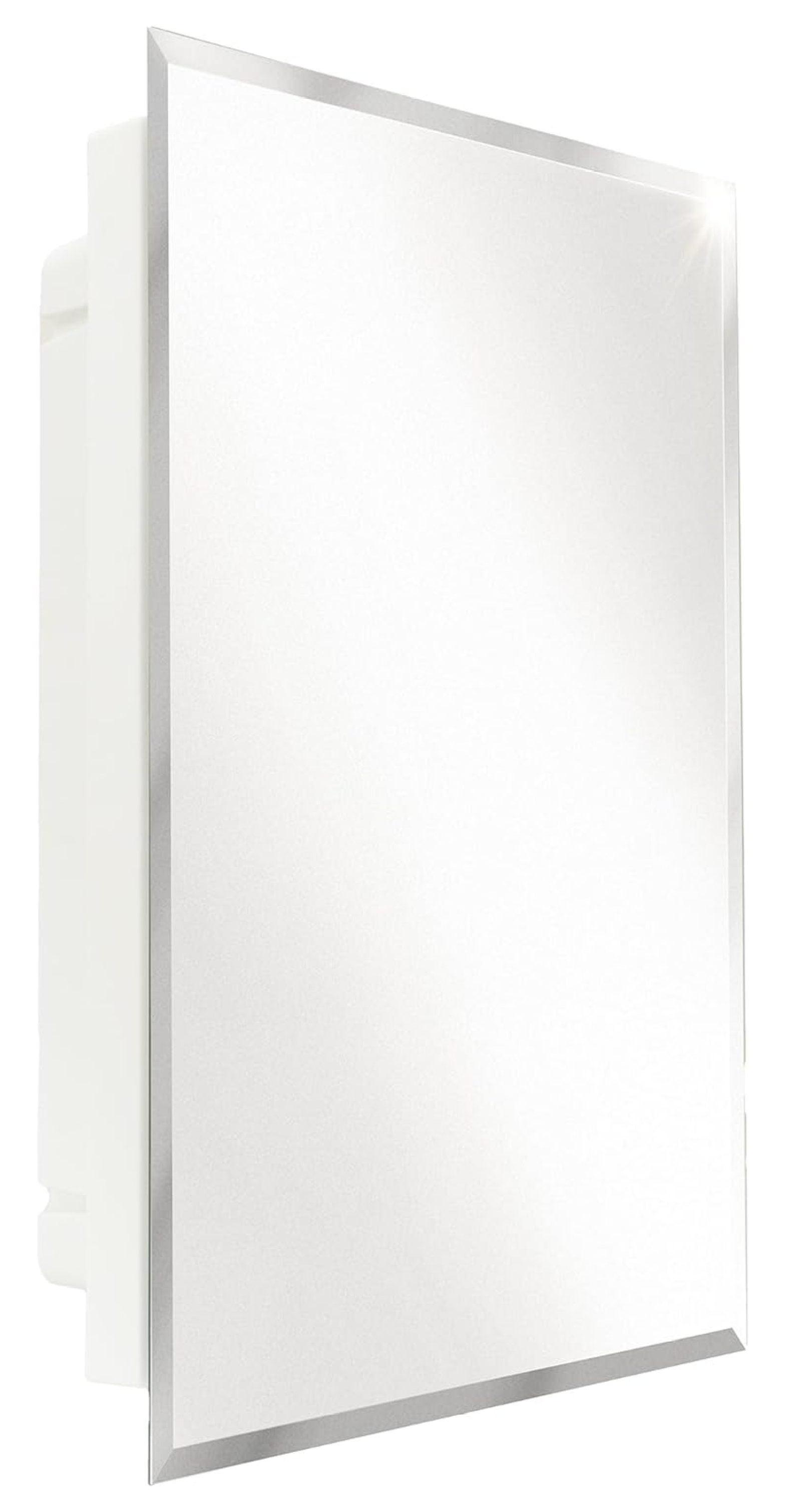 HMTtie RV Bathroom Medicine Cabinet | 16” W x 22” H | Two Adjustable Shelves | Frameless Polished Edge Mirror | Made in USA | White