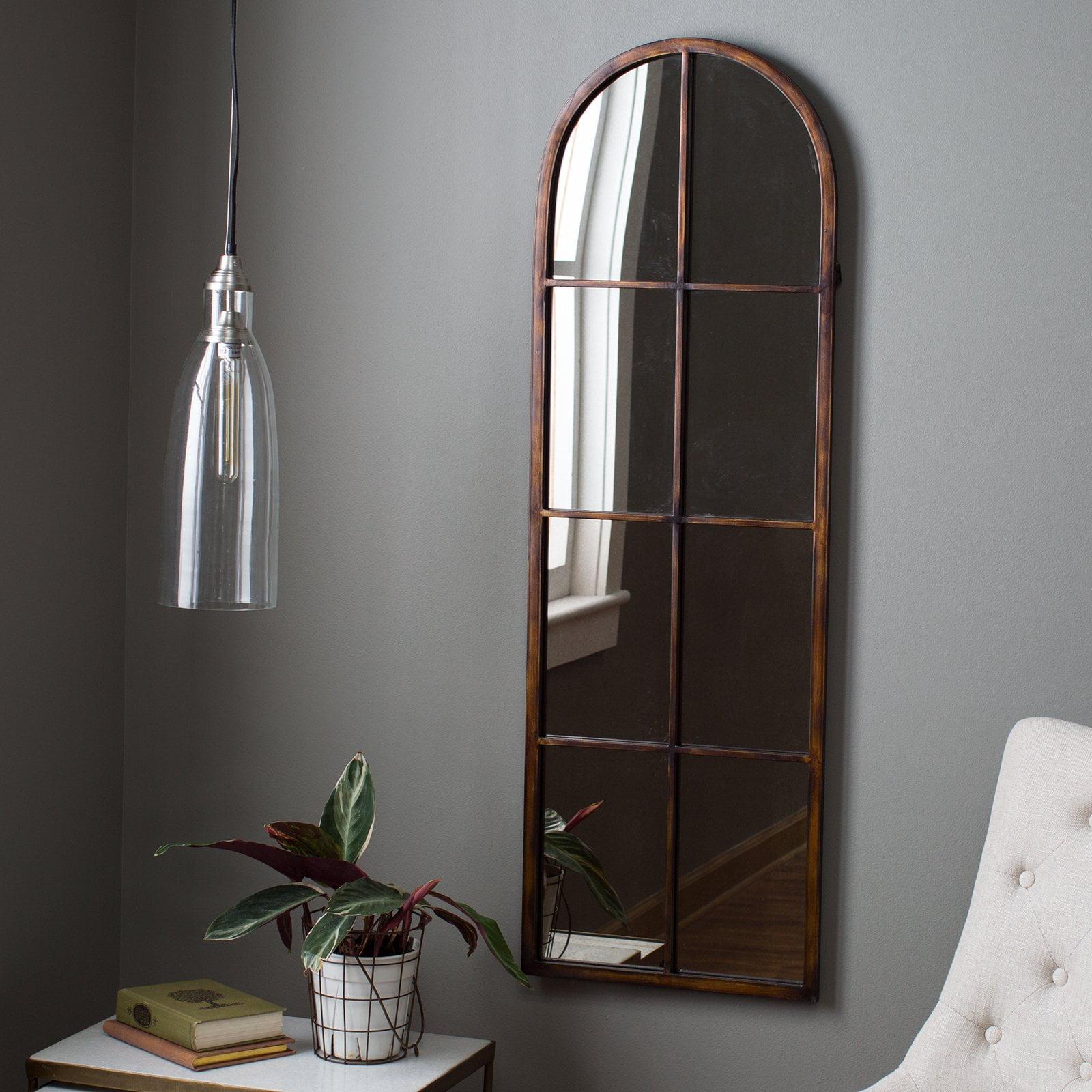 Maple Brown Arched Windowpane Wall Mirror with Antique Glass