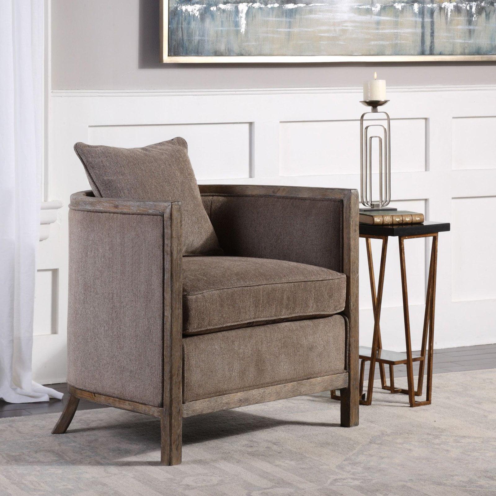 Gray Wood Barrel Accent Chair with Chenille Fabric