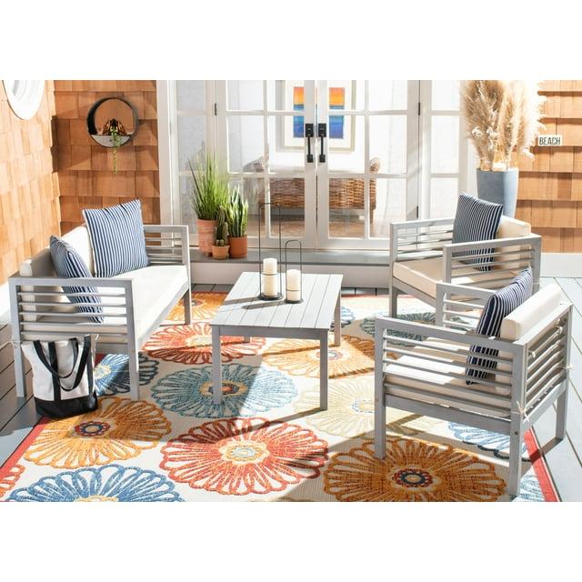 Alda 4 Piece Set - Indoor/Outdoor - PAT7033 - Grey/Beige + Thin Stripe Pillow - Safavieh