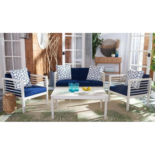 Alda 4 Piece Set - Indoor/Outdoor - PAT7033 - White/Navy + Trellis Pillow - Safavieh