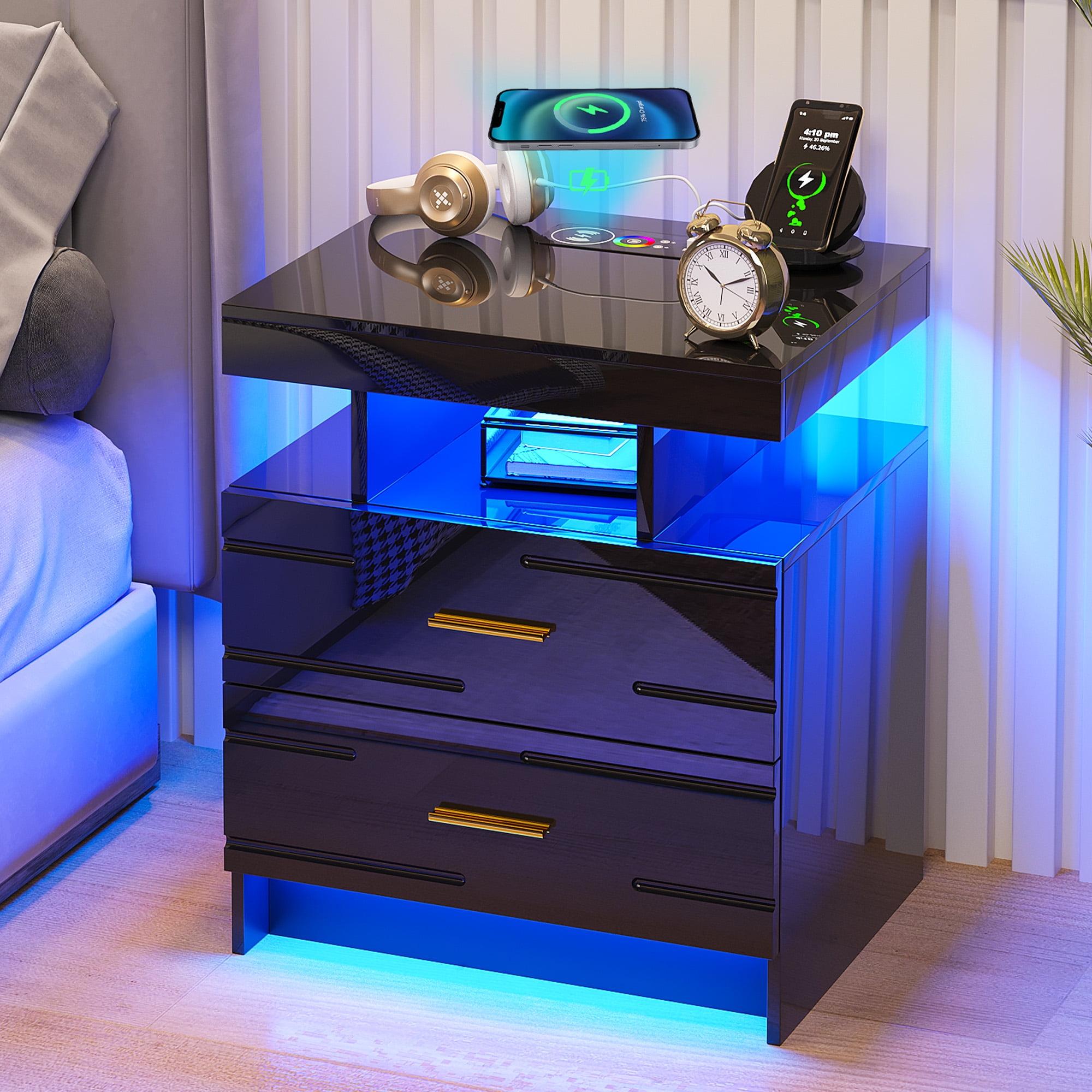 Black High Gloss 3-Drawer Nightstand with LED Lights