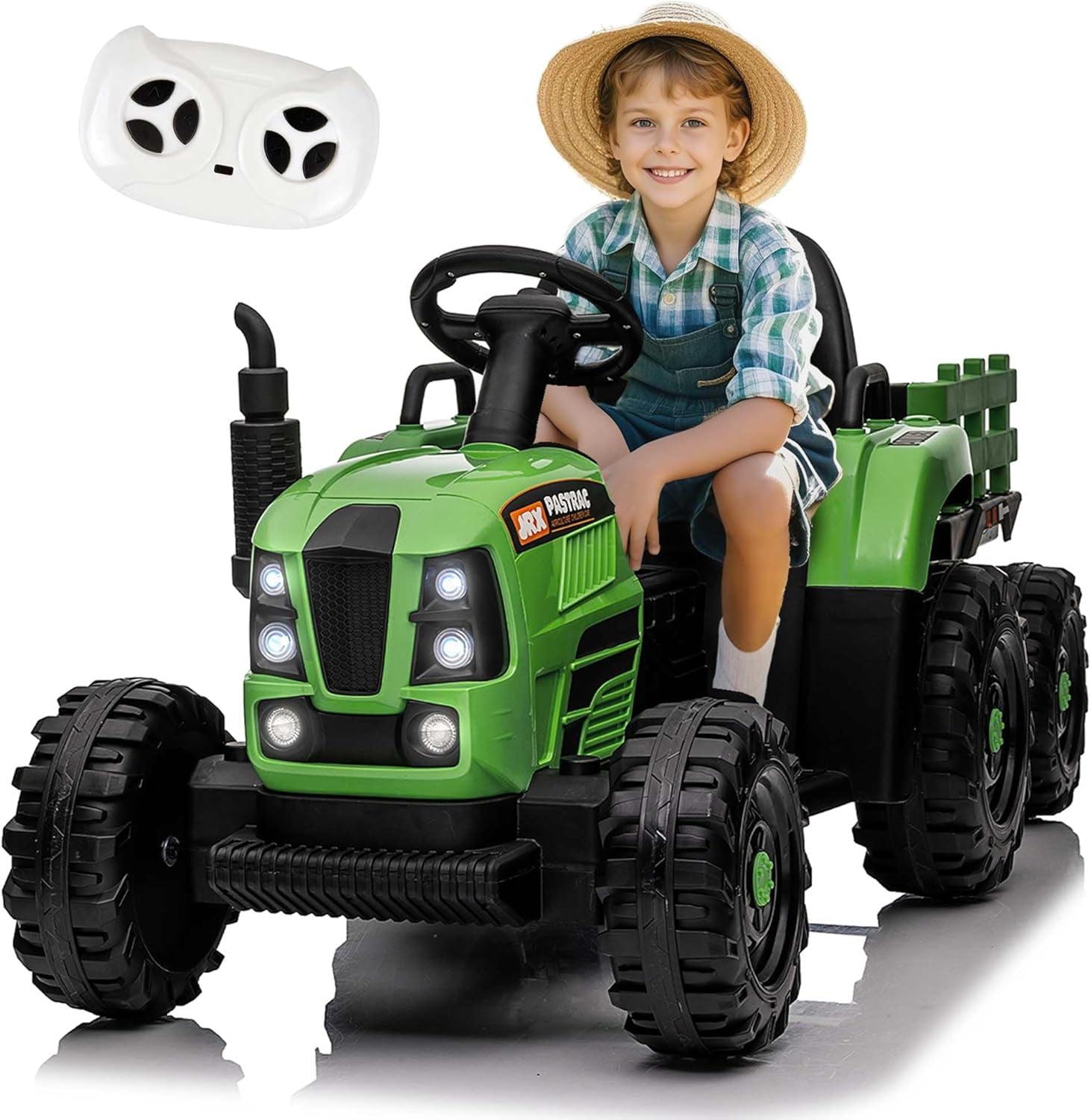 HNH 12V Ride on Tractor with Trailer,12V Battery Powered Electric Tractor Toy with Remote Control,Electric Car for Kids,Three Speed Adjustable,Power Display, Bluetooth,LED Light