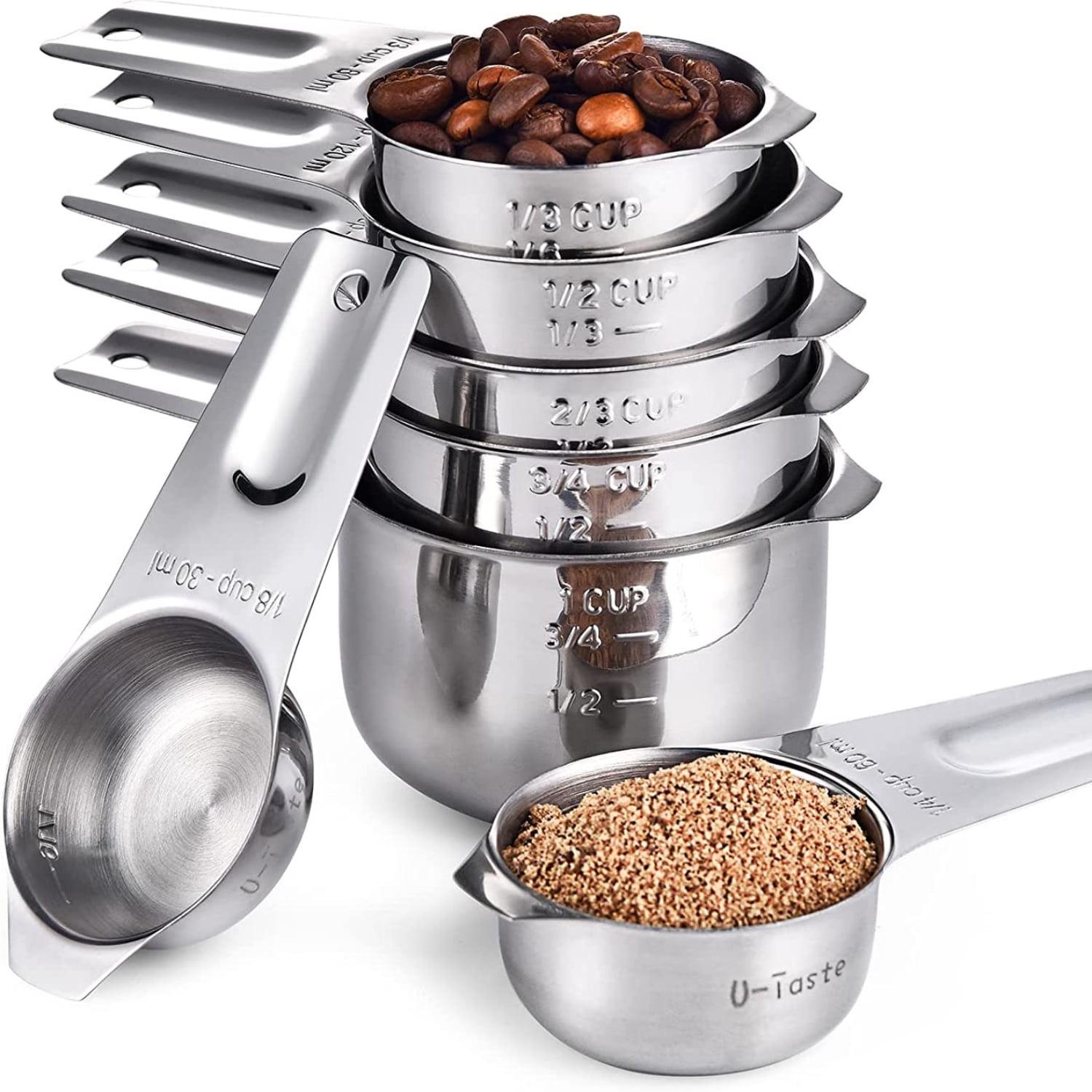 Last Confection 7-Piece Stainless Steel Measuring Cup Set - Includes 1/8 Cup Coffee Scoop - Measurements for Spices, Cooking & Baking Ingredients