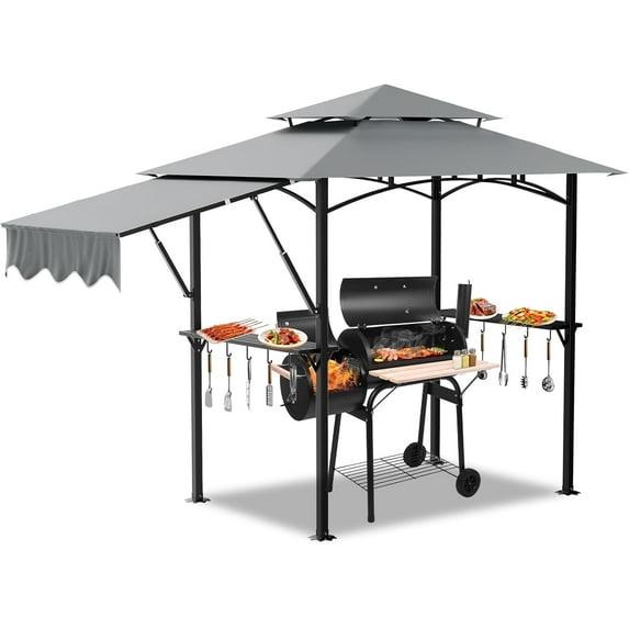 HOBLOC 8x5ft Grill Gazebo, Double Tiered Outdoor BBQ Patio Canopy Tent with Adjustable Side Awning, Grey
