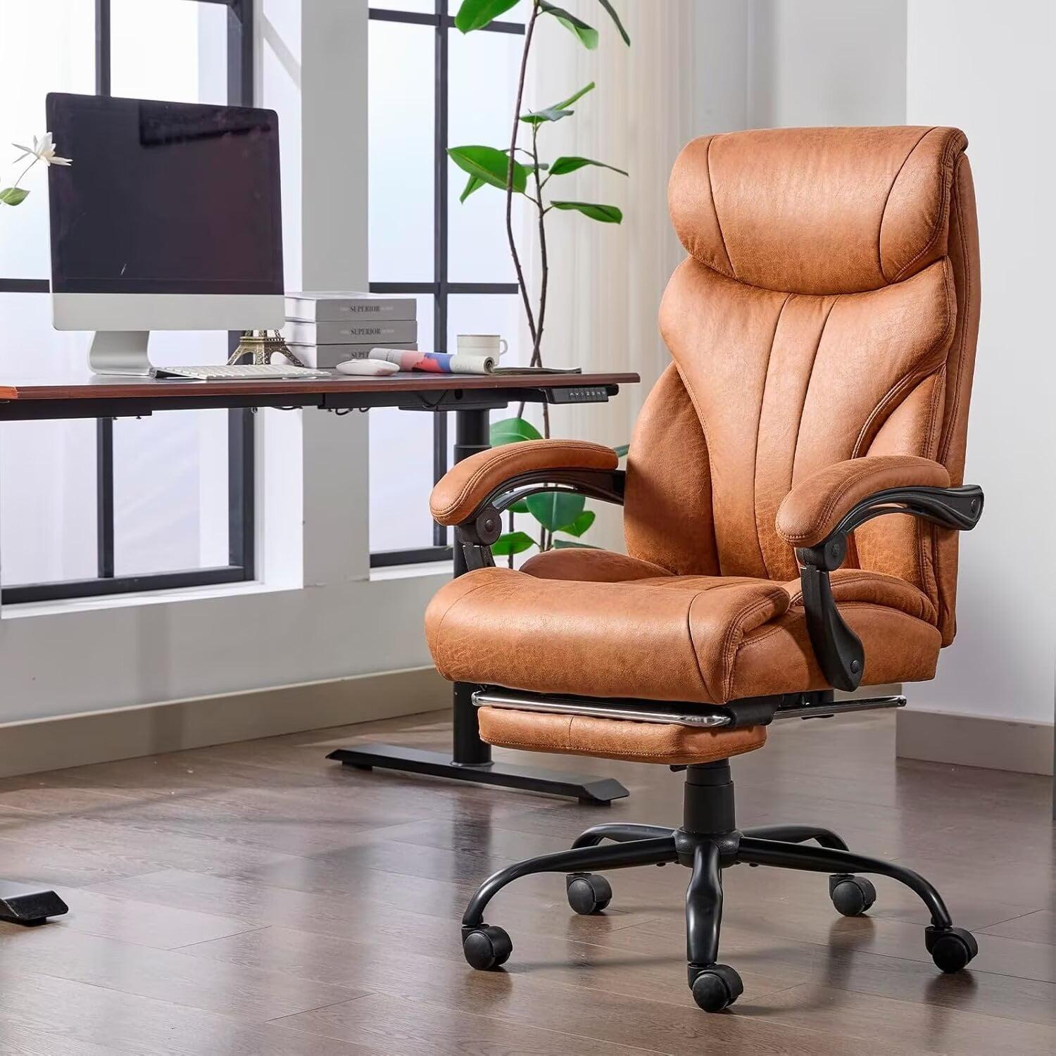 Brown PU Leather Ergonomic Swivel Office Chair with Footrest