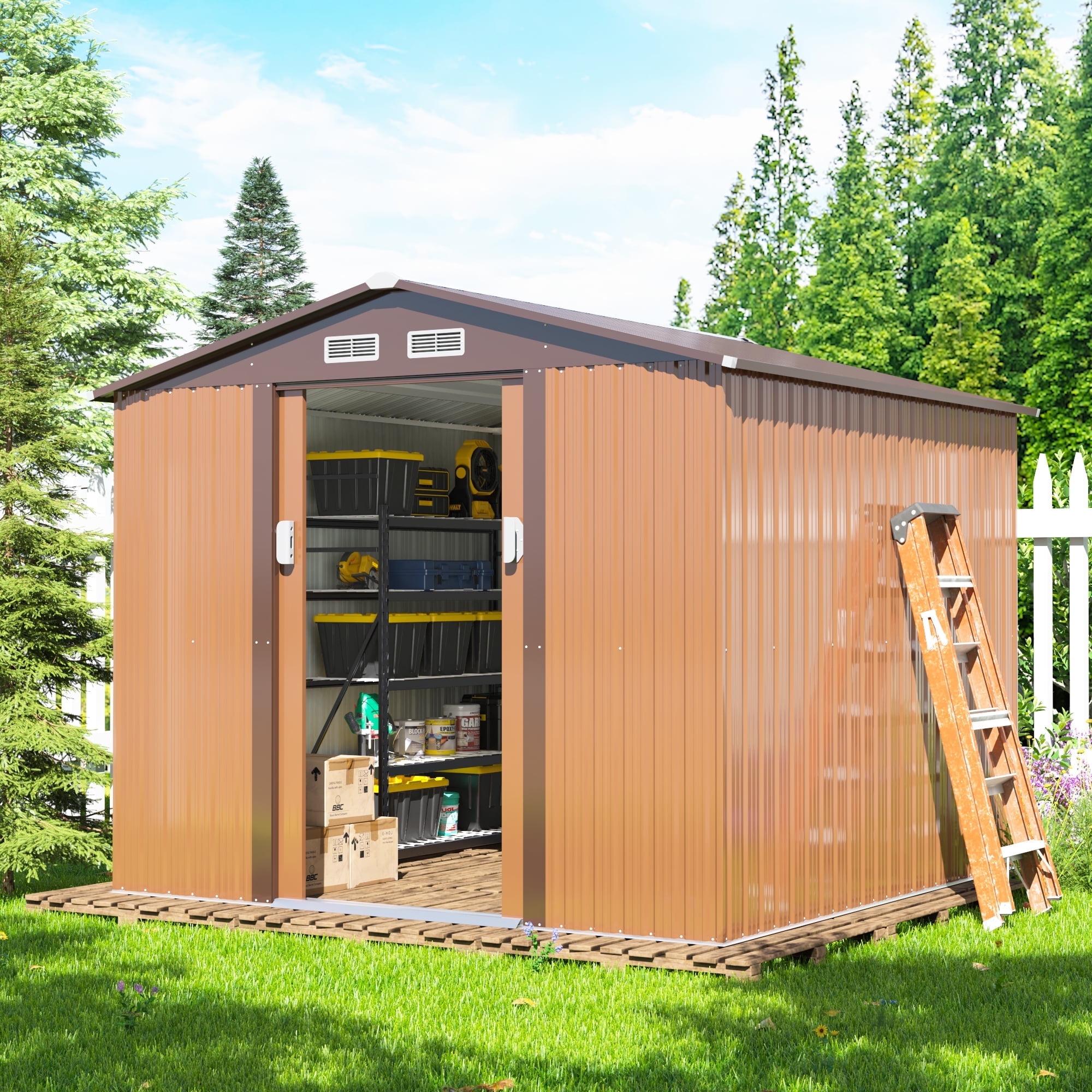 HOGYME 8' x 8' Large Outdoor Storage Shed Tool House Galvanized Steel W/Sliding Door, Brown