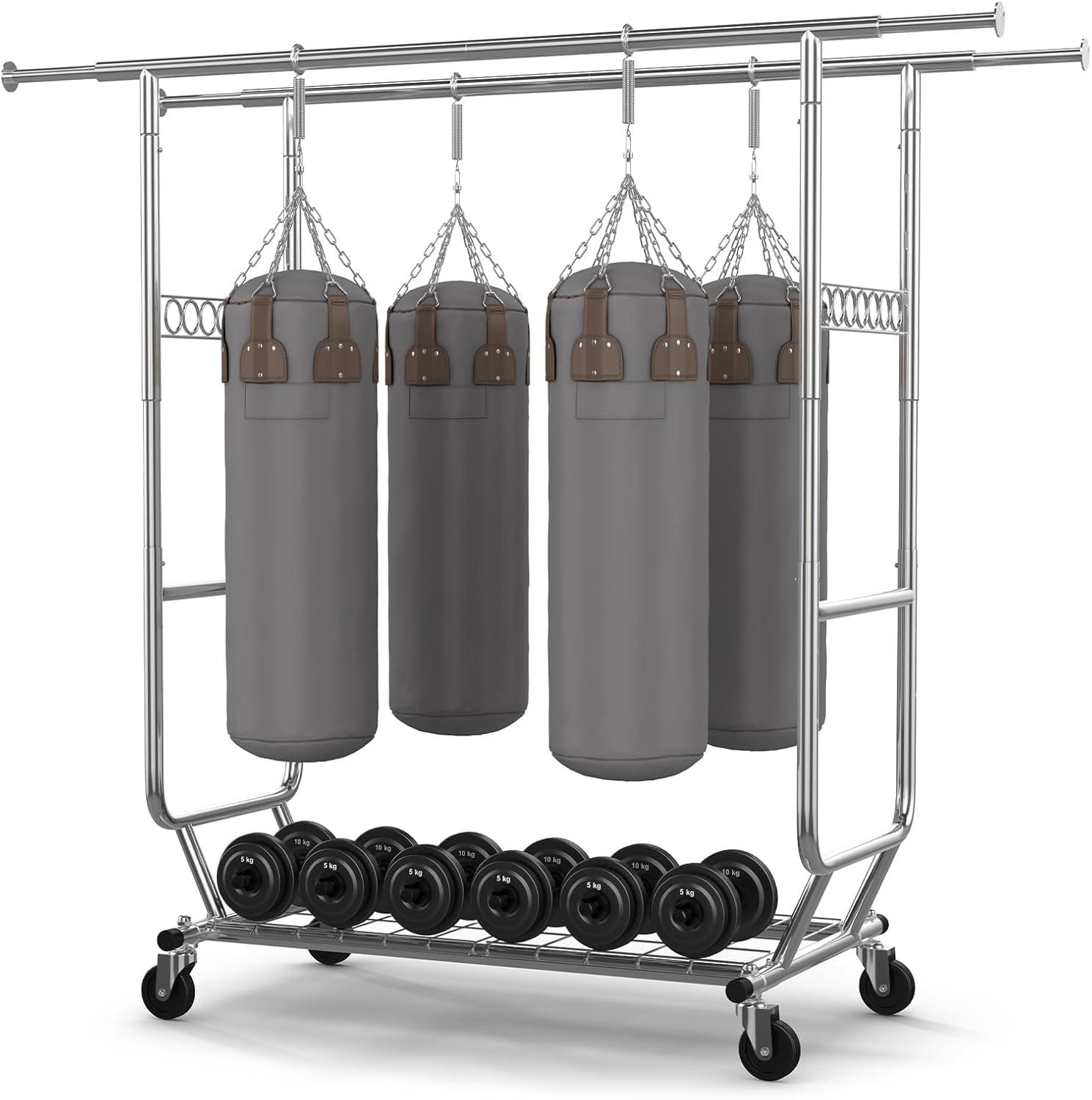 Heavy Duty Chrome Double Garment Rack with Shelves and Wheels