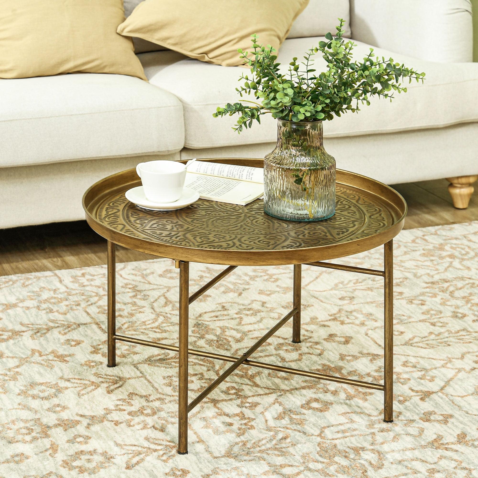 HOMCOM 24" Round Coffee Table with Hammered Tray Top, Vintage Metal Center Table for Living Room, Bedroom, Side Table, Gold