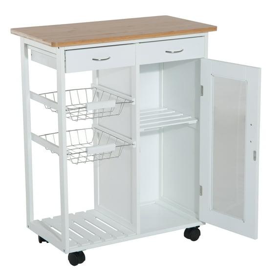 HOMCOM 28†Rolling Kitchen Trolley Serving Cart Storage Cabinet Bamboo Top with Wire Basket & Glass Door & Drawers - White