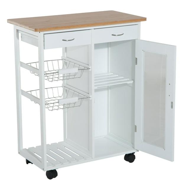 HOMCOM 28†Rolling Kitchen Trolley Serving Cart Storage Cabinet Bamboo Top with Wire Basket & Glass Door & Drawers - White