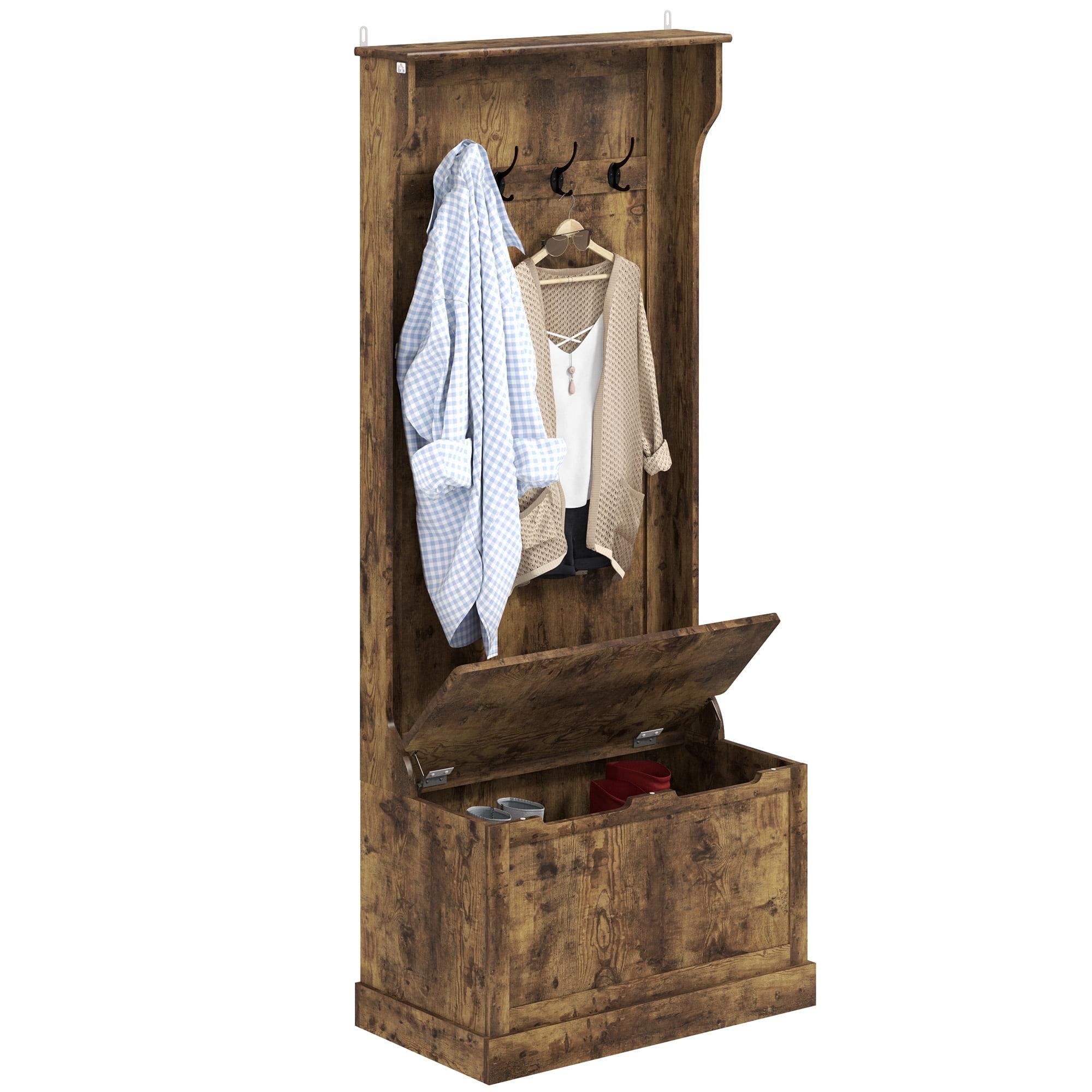HOMCOM 3-In-1 Entryway Hall Tree with Storage Bench, Coat Rack with Four Hooks, and Shoe Storage, Rustic Brown