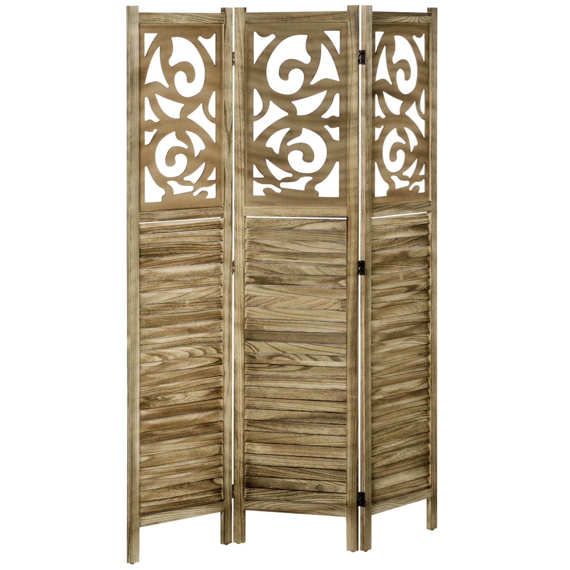 Brown Wood 3-Panel Folding Room Divider with Floral Design