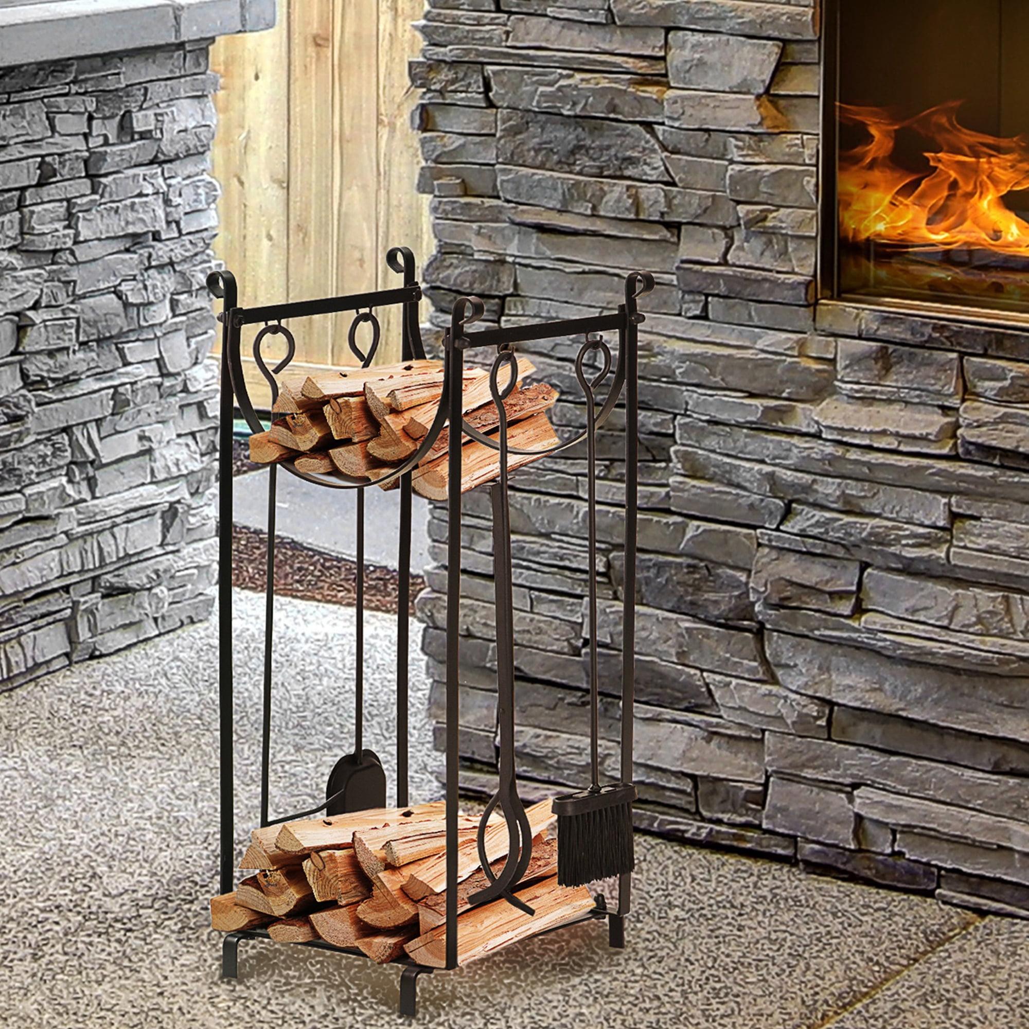 Black Powder Coated 2-Tier Firewood Rack with Tools