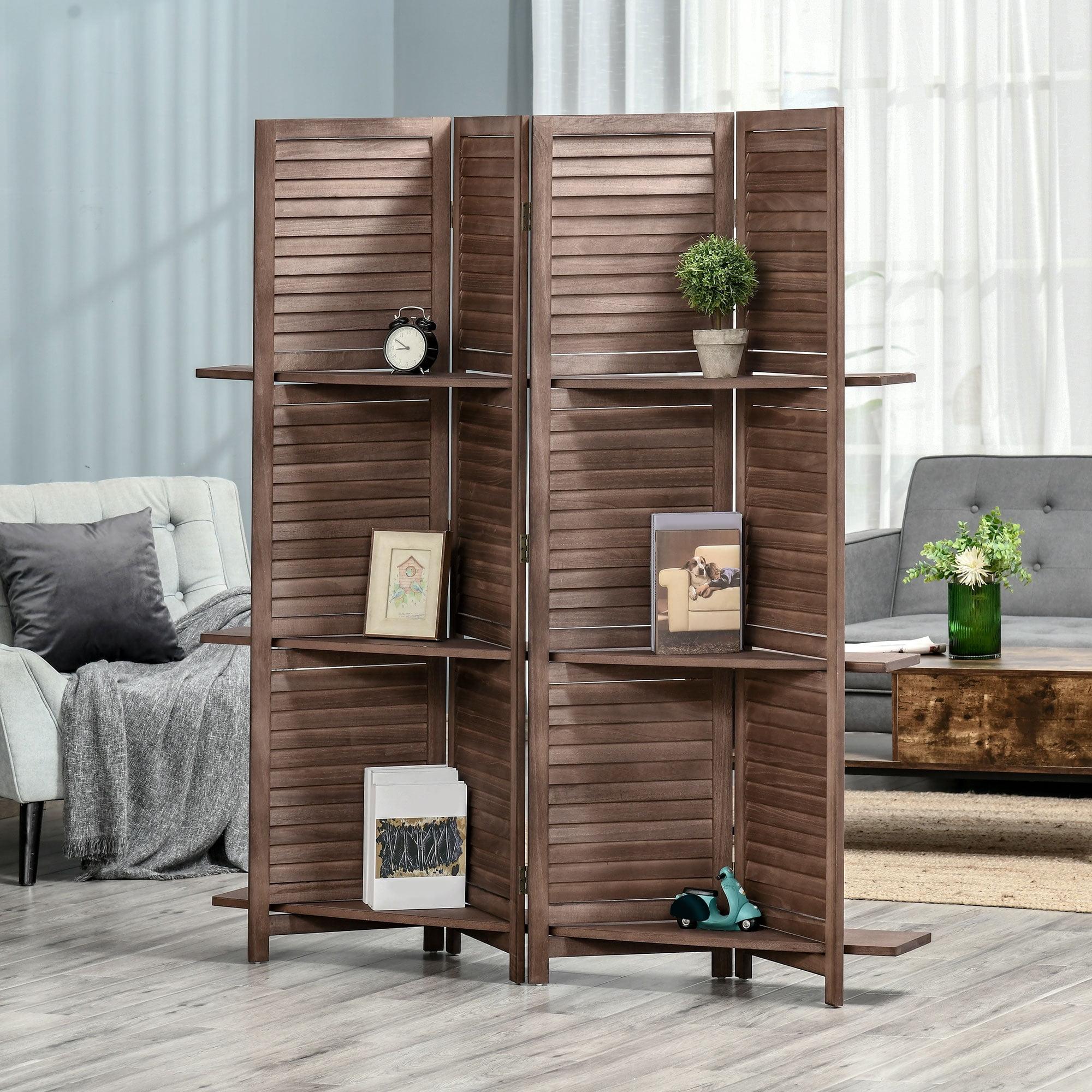 HOMCOM 4-Panel Folding Room Divider, 5.6 Ft Freestanding Paulownia Wood Privacy Screen Panel with Storage Shelves for Bedroom or Office