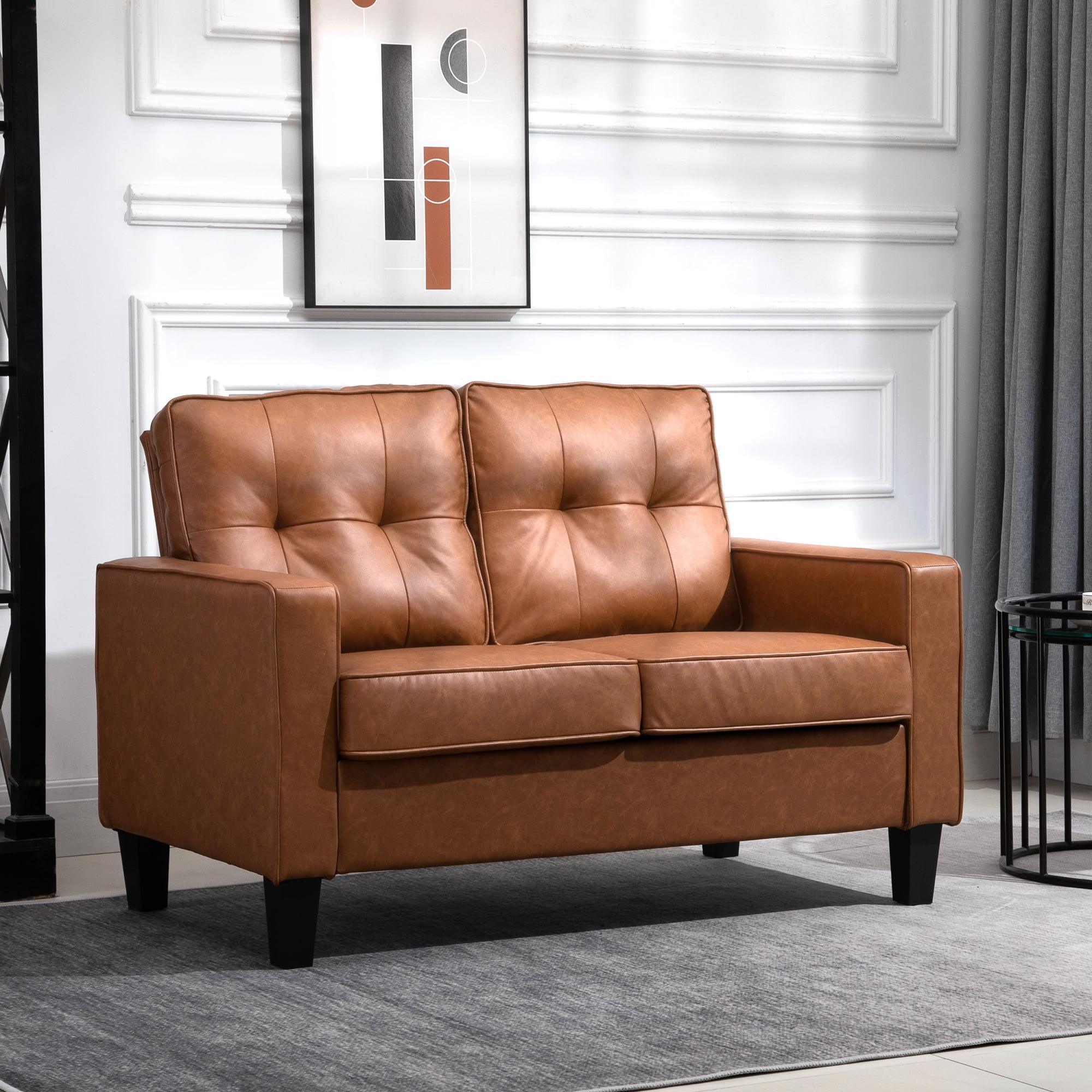 Classic Brown Faux Leather 51.5" Loveseat with Metal Track Arms