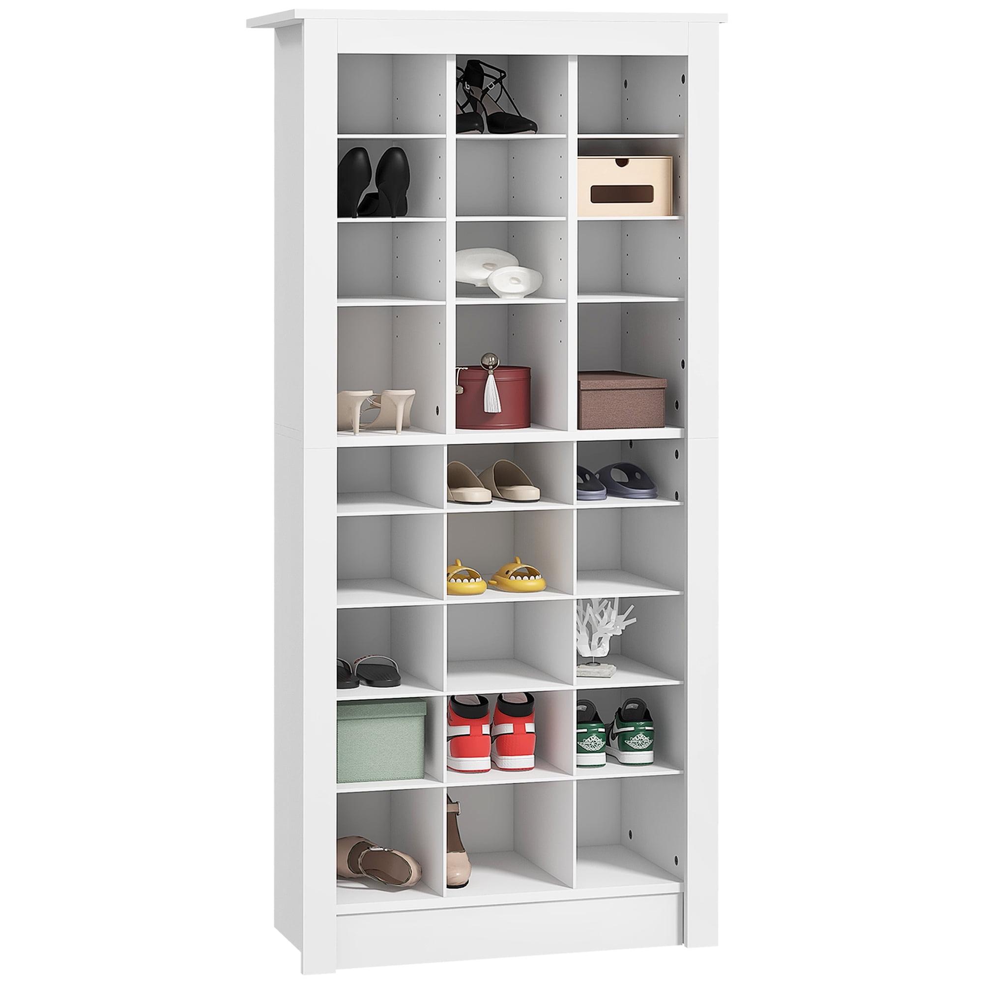 58" Tall Shoe Cabinet For Entryway, Narrow Shoe Rack Storage Organizer With Open Cubes And Adjustable Shelves For 27 Pairs Of Shoes, White