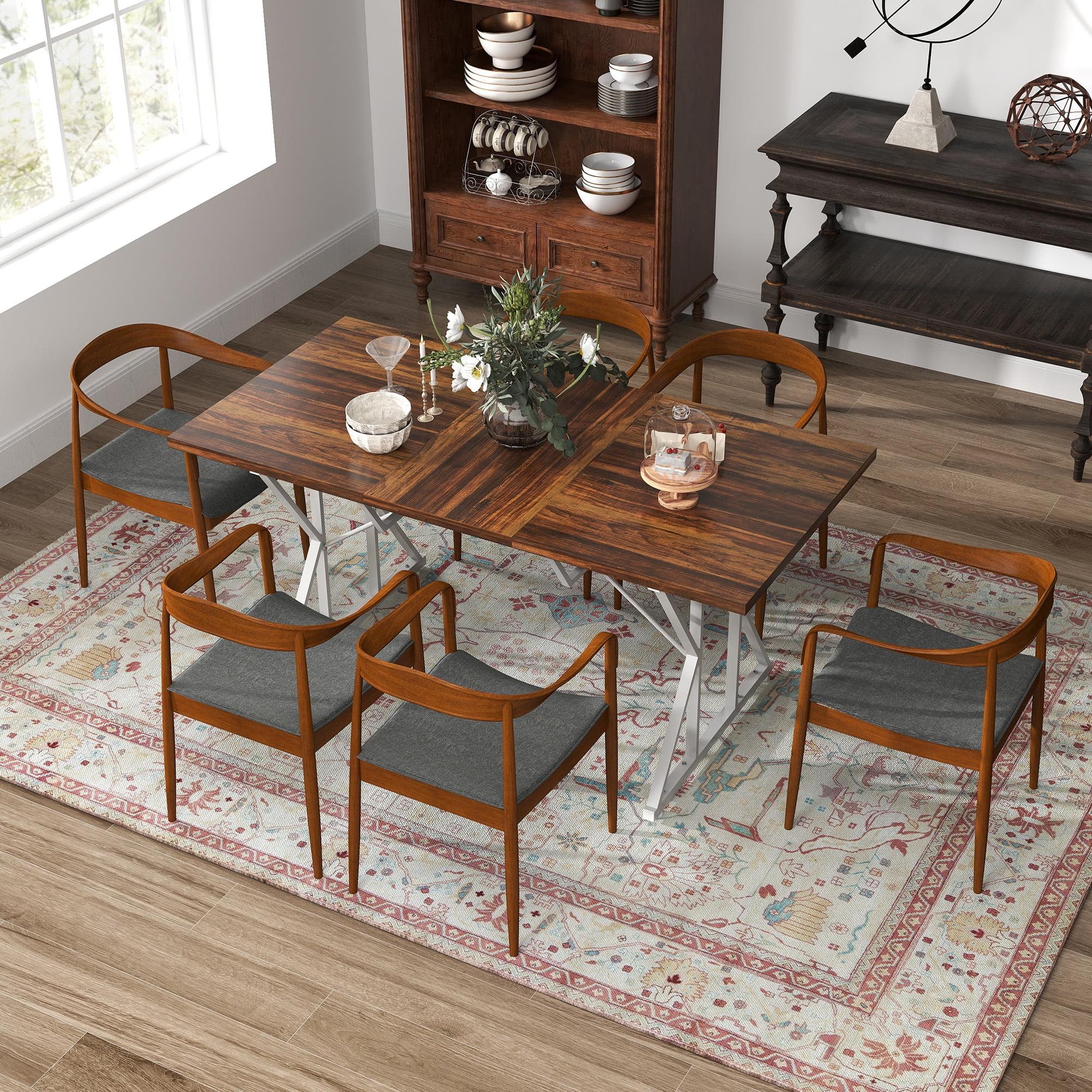 HOMCOM 47"-63" Expandable Dining Table for 4-6 People, Farmhouse Extendable Dining Room Table with Trestle Base, Kitchen Table, Distressed Brown