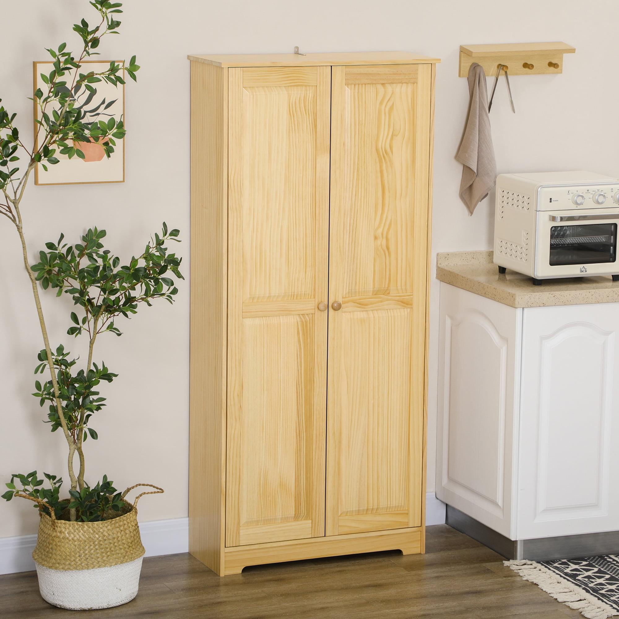 Light Brown Pinewood Raised Panel Kitchen Pantry Cabinet