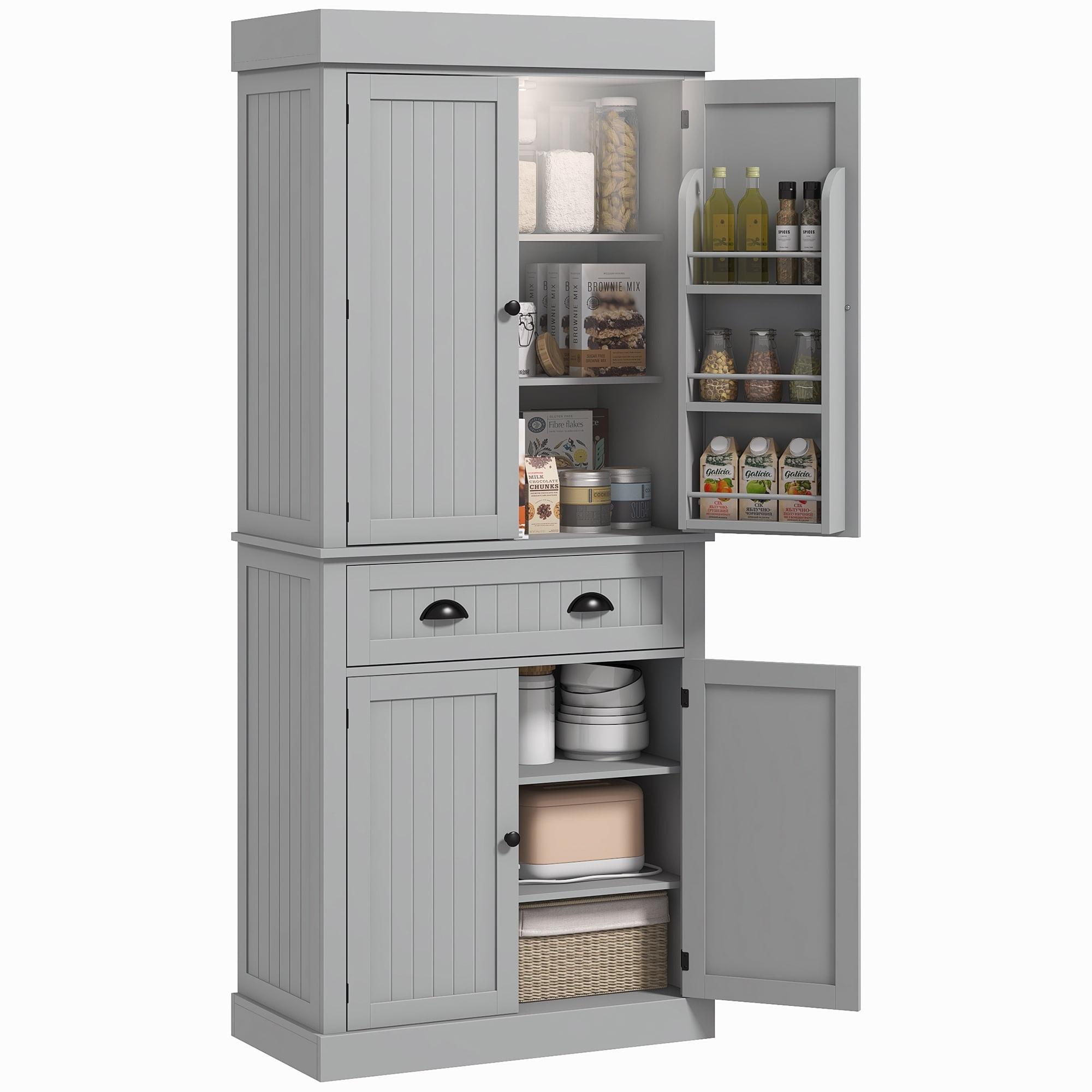 HOMCOM 71" LED Kitchen Pantry Cabinet, Tall Storage Cabinet with 6 Door Shelves, a Drawer and 4 Adjustable Shelves, Gray