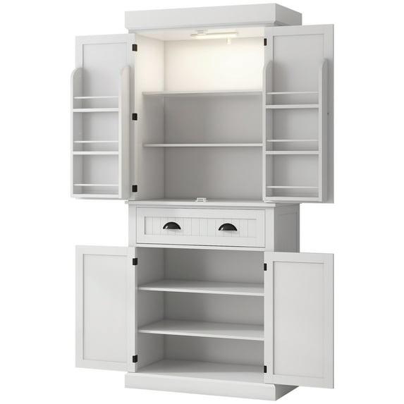 HOMCOM 71" LED Kitchen Pantry Cabinet, Tall Storage Cabinet with 6 Door Shelves, a Drawer and 4 Adjustable Shelves, White