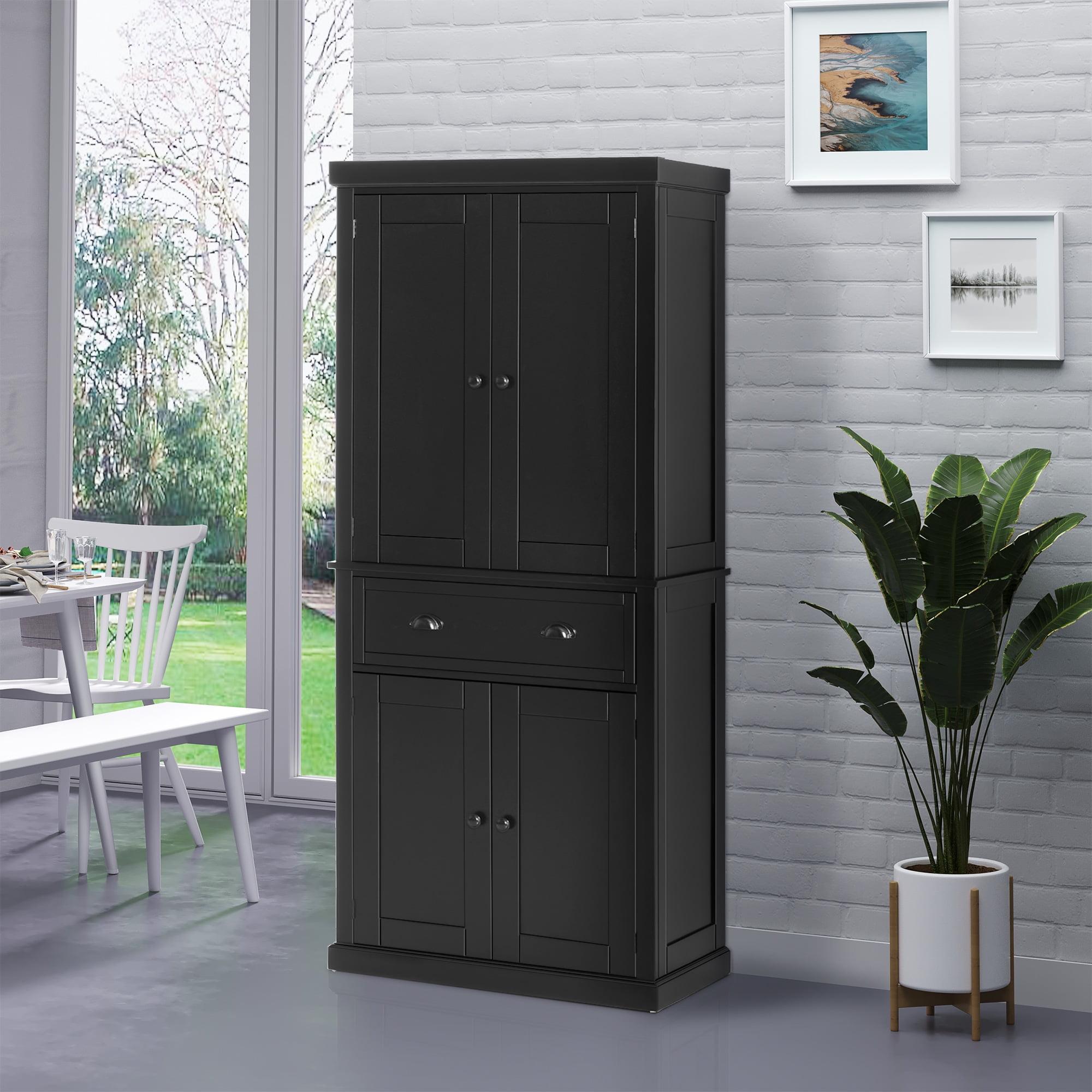 HOMCOM 72.5" Kitchen Pantry Cabinet, Traditional Freestanding Storage Cabinet with 4 Doors, Drawer and 3 Adjustable Shelves for Dining Room, Black
