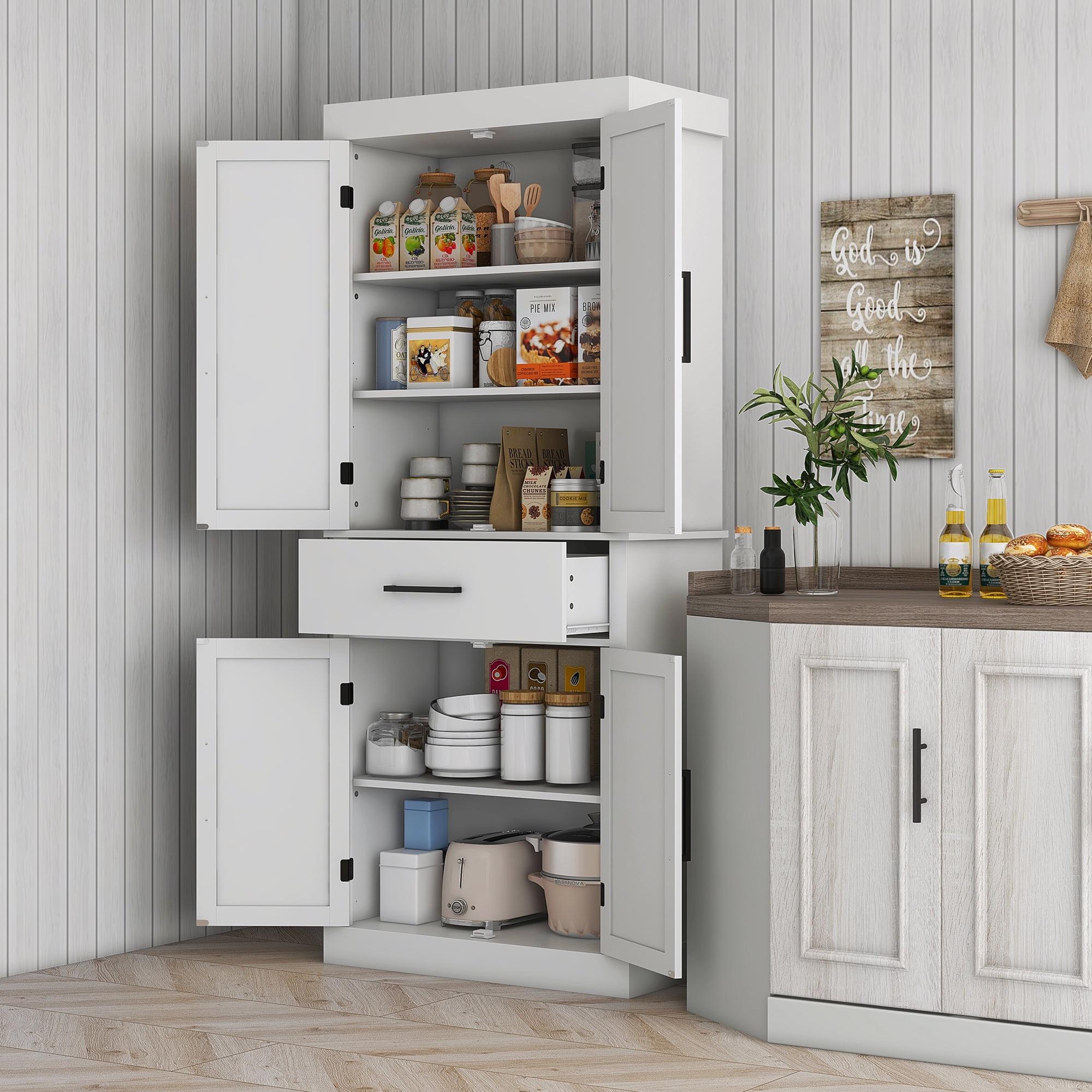 72" Tall Kitchen Pantry Storage Cabinet, Farmhouse Freestanding Kitchen Cabinet With 4 Barn Doors, Drawer, 5-Tier Shelf And Adjustable Shelves