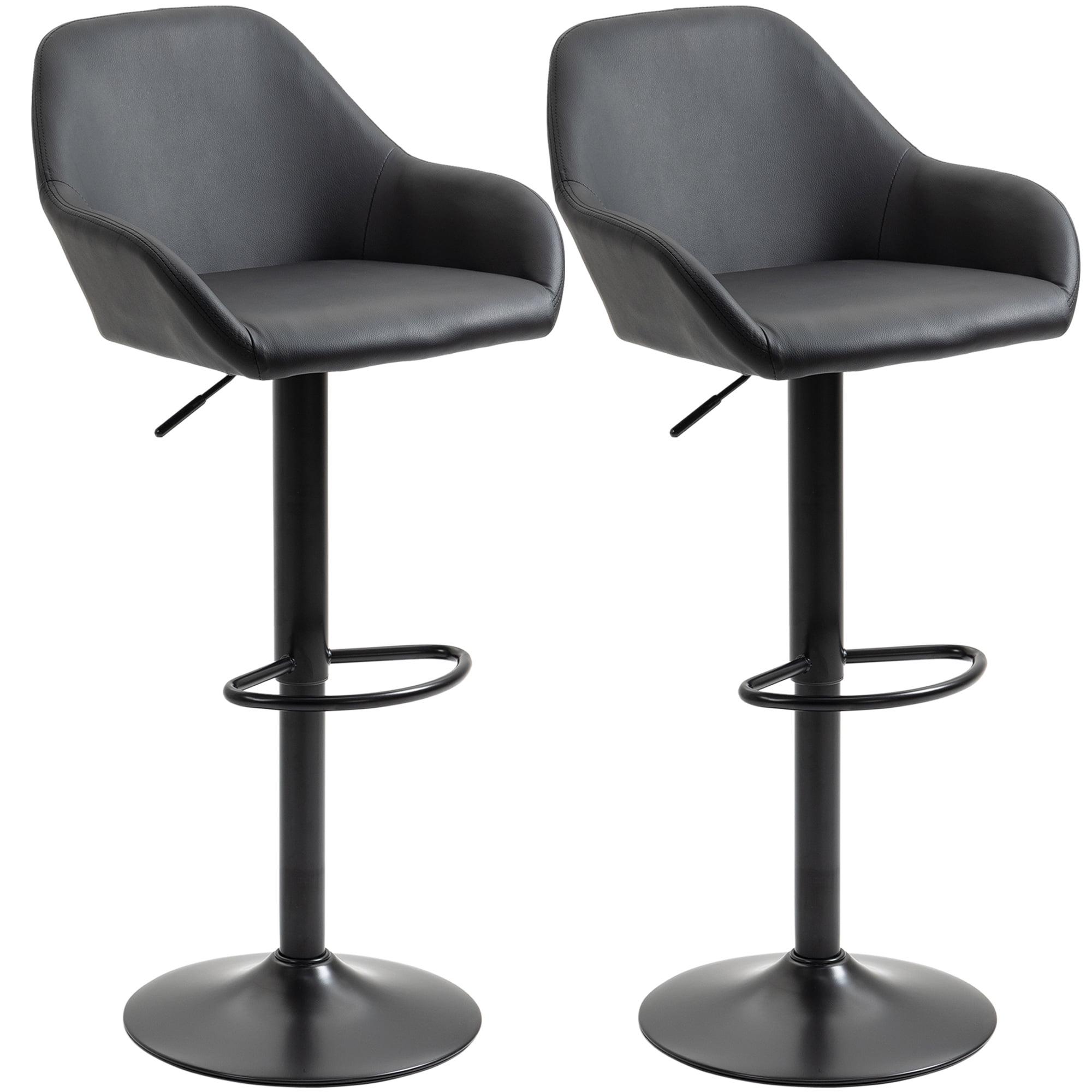 HOMCOM Adjustable Bar Stools Set of 2, Swivel Barstools with Footrest and Back, PU Leather and Steel Round Base, for Kitchen Counter, Black