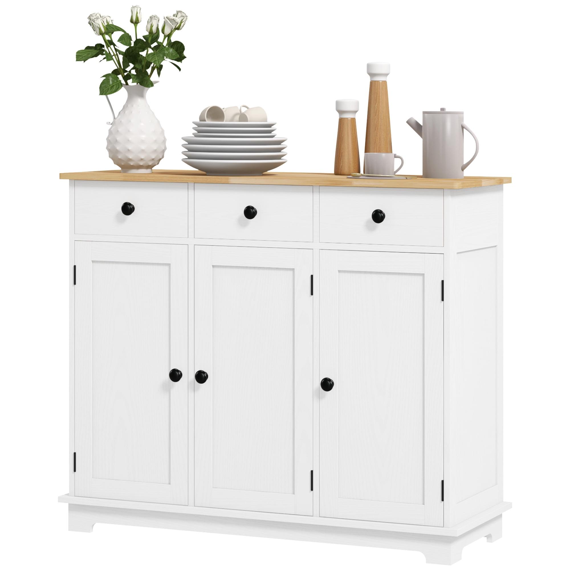 HOMCOM Kitchen Storage Cabinet, Sideboard Floor Cupboard with Solid Wood Top, Adjustable Shelf, and 3 Drawers for Living Room, Distressed White