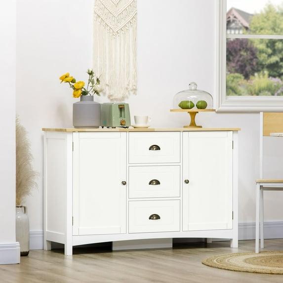 HOMCOM Buffet Cabinet with 3 Storage Drawers and Adjustable Shelves, 2 Door Sideboard with Rubber Wood Top, Coffee Bar for Living Room, White