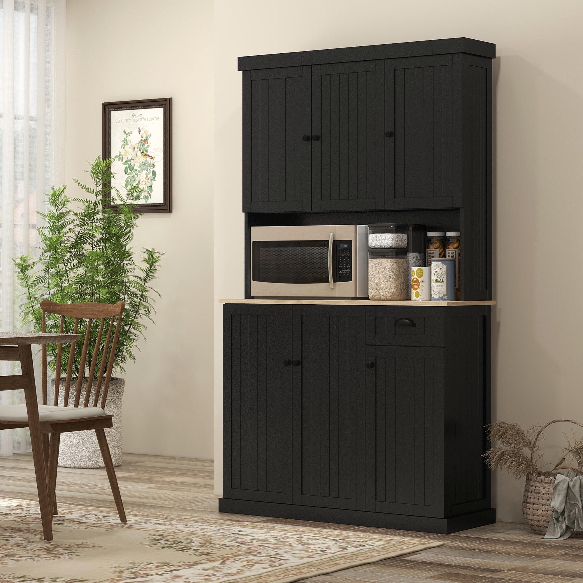 71" Buffet With Hutch, Modern Farmhouse Kitchen Pantry Storage Cabinet With Microwave Oven Countertop, Drawer, And Cupboard, Black