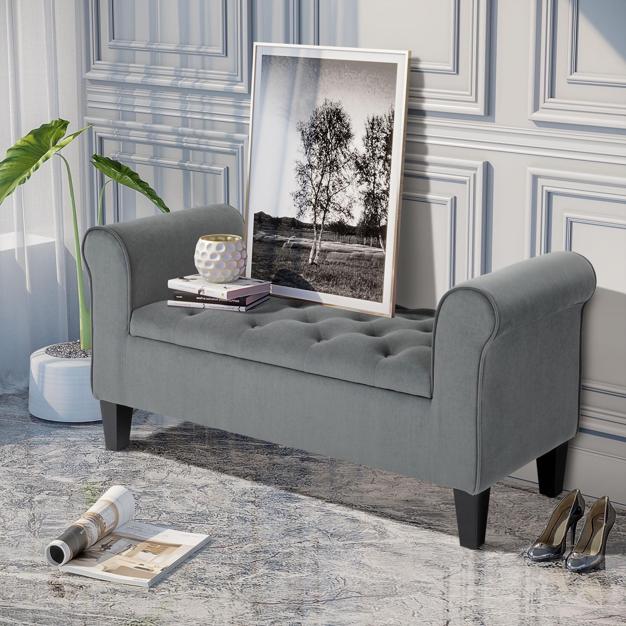 Gray Velvet Tufted Storage Ottoman Footstool with Rolled Armrests