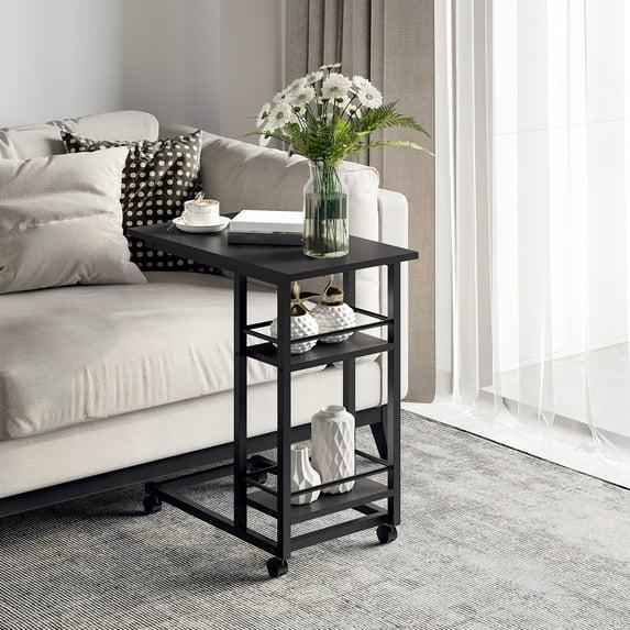 HOMCOM C Shaped End Table with Storage Shelves, Mobile Side Table with Wheels for Sofa Couch, Bed, Metal Frame