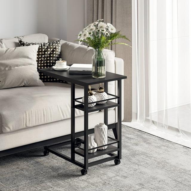 HOMCOM C Shaped End Table with Storage Shelves, Mobile Side Table with Wheels for Sofa Couch, Bed, Metal Frame