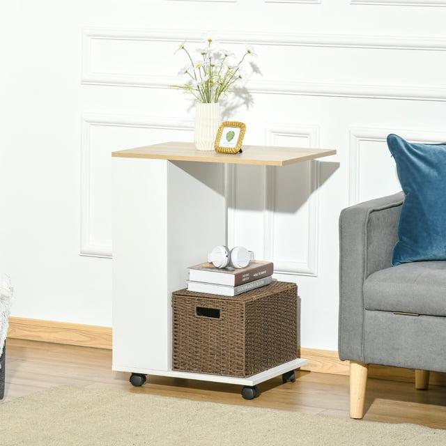 HOMCOM C-Shaped Sofa Side Table Mobile End Table with Storage and Wheels for Living Room, Bedroom, Office