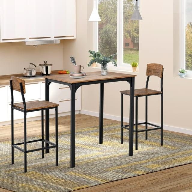 17 Stories 3 Piece Square Industrial Small Dining Table Set, Bar Table and Chairs Set, Rustic Brown and Black