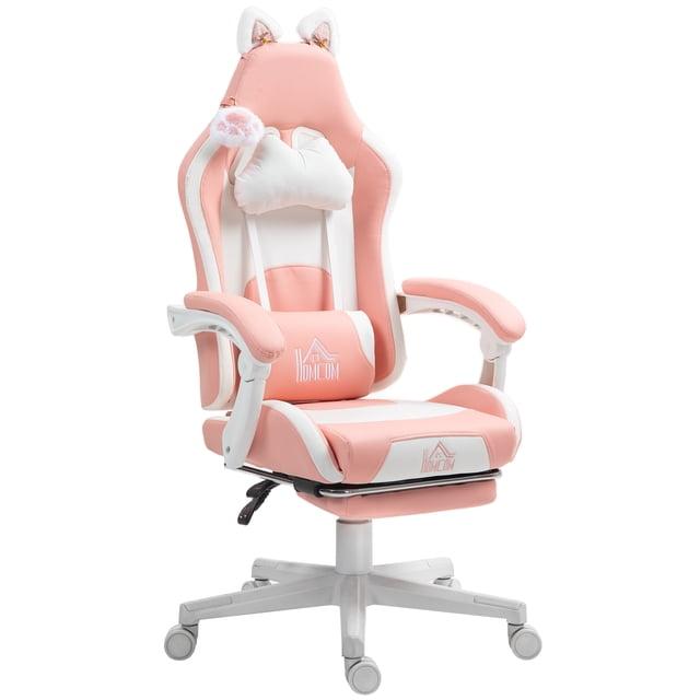 HOMCOM Cute Gaming Chair, Reclining Computer Chair with Footrest, Headrest, Lumbar Support, Height Adjustable Faux Leather Swivel Gamer Chair, Pink