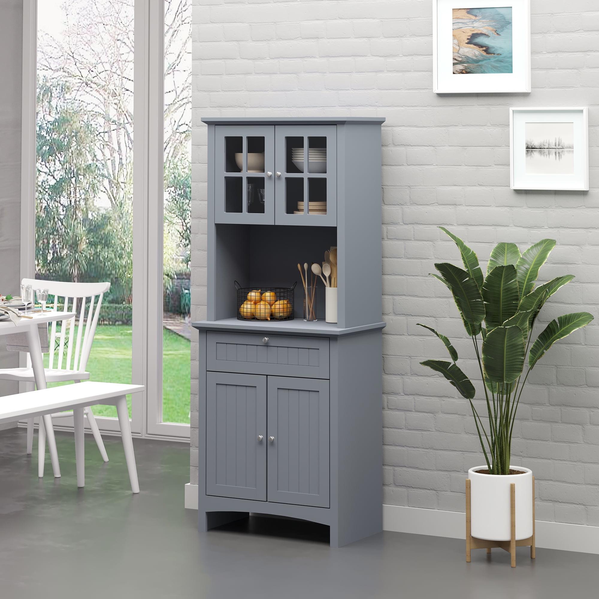 Gray Driftwood Kitchen Pantry Storage Cabinet with Glass Doors