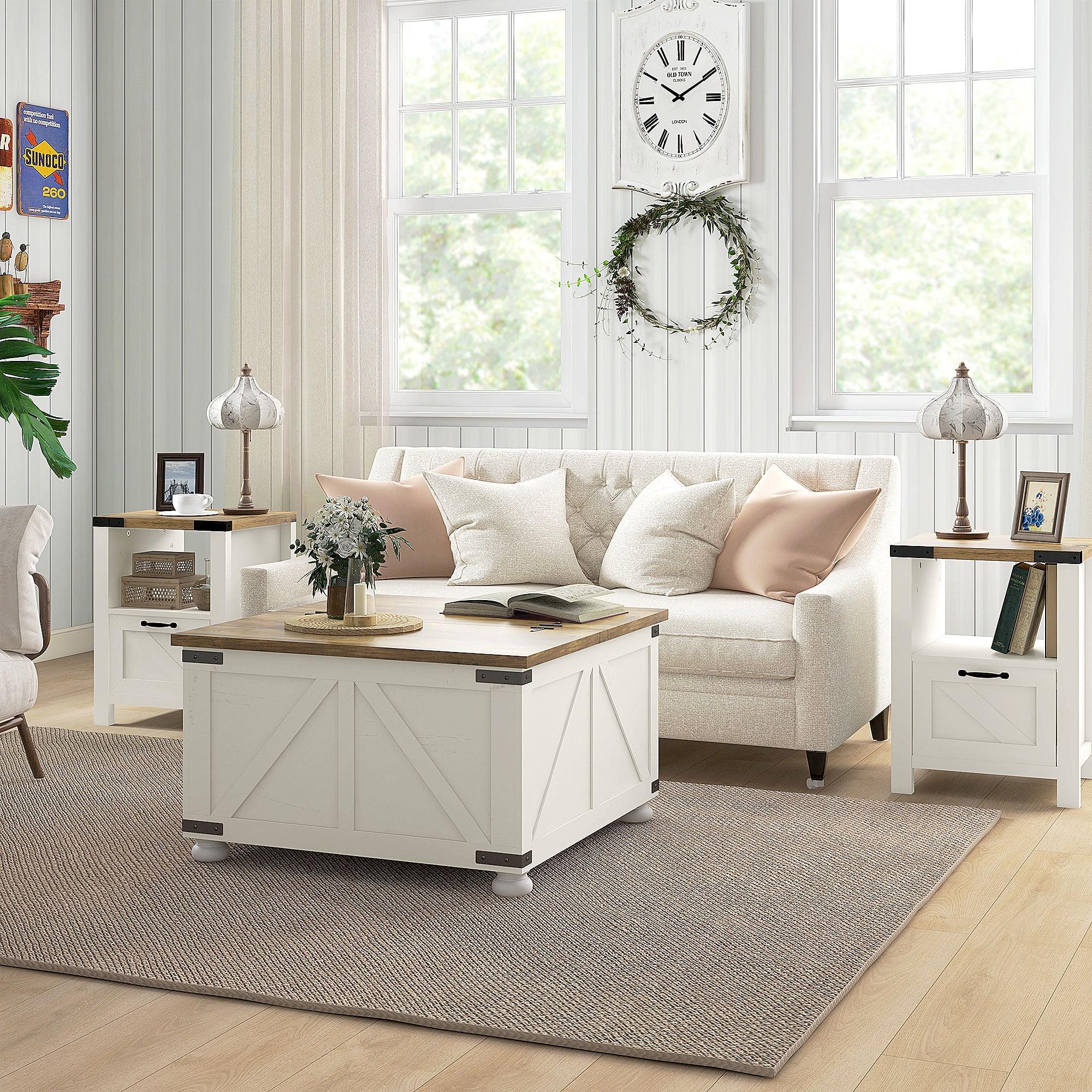 HOMCOM Farmhouse Coffee Table with Storage, Large Square Coffee Table for Living Room Furniture, Wooden Center Table with Flip-Top Lid, Antique White