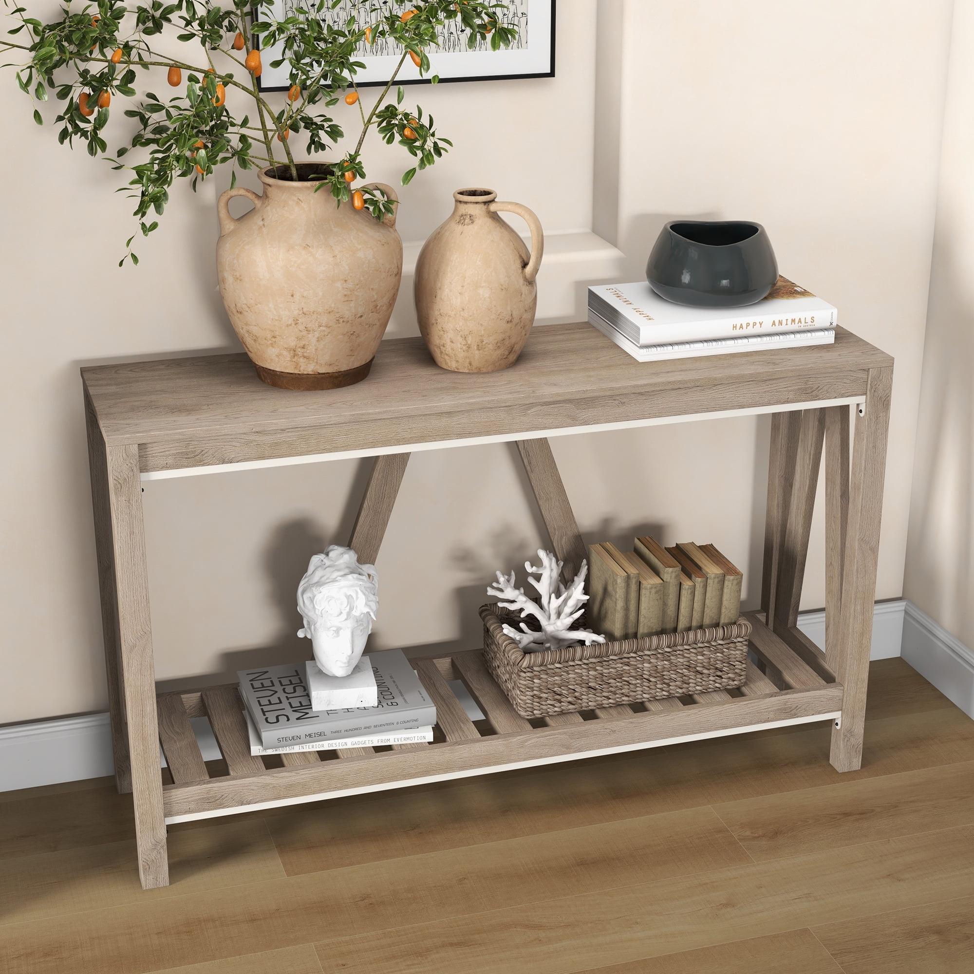 HOMCOM Farmhouse Console Table with Storage Shelf, Rustic Sofa Table with Anti-tipper for Living Room Furniture, Bedroom and Entryway, Gray